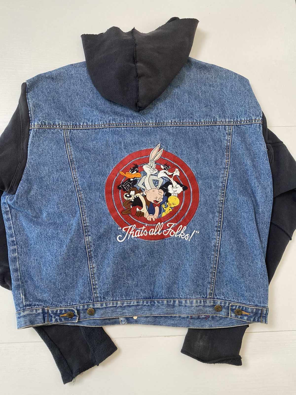 Other Looney Tones sweatshirt jacket, L, blue/black denim, used Size US L / EU 52-54 / 3 - 9 Thumbnail