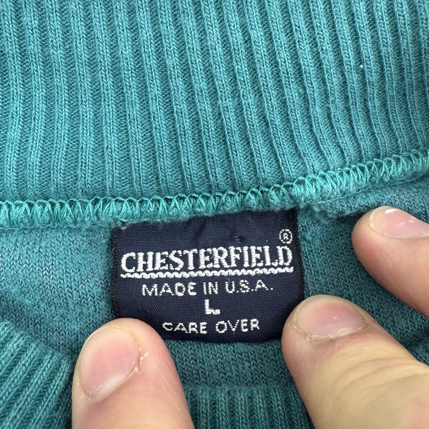 Velour VINTAGE Chesterfield Sweatshirt Adult Large Blue Striped Pullover 80s USA Mens Size US L / EU 52-54 / 3 - 2 Thumbnail