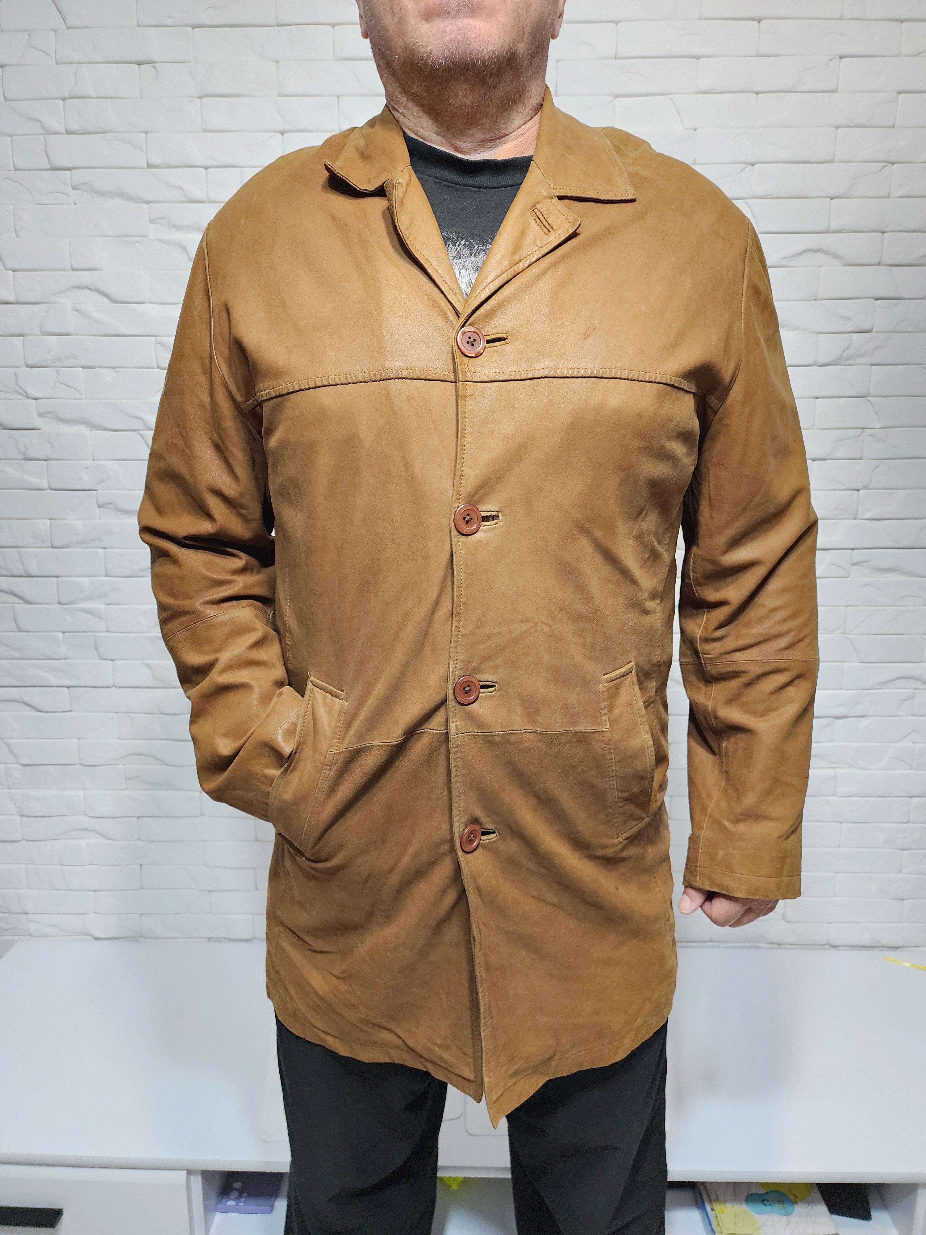 Genuine Leather Men's Brown Leather Jacket: Button Front, Size US L / EU 52-54 / 3 - 1 Thumbnail
