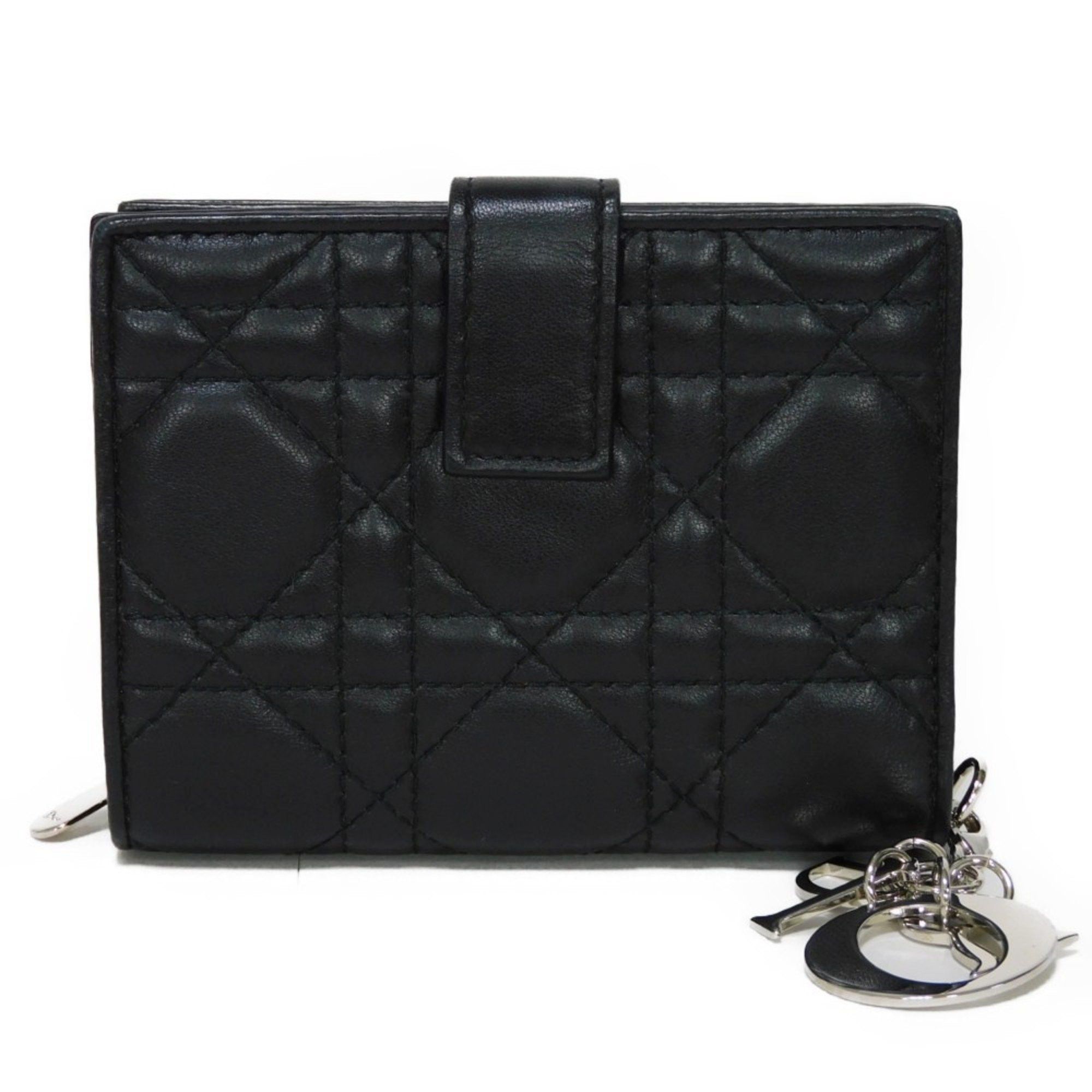 image of Christian Dior Dior Bifold Wallet Lady Compact Snap Button Charm Cannage Lambskin Black Ladies, Wom