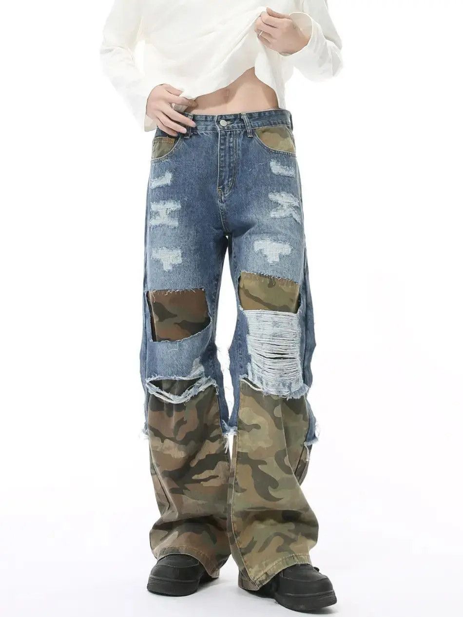 Japanese Brand Retro loose camouflage ripped patchwork jeans Size US 32 / EU 48 - 2 Thumbnail