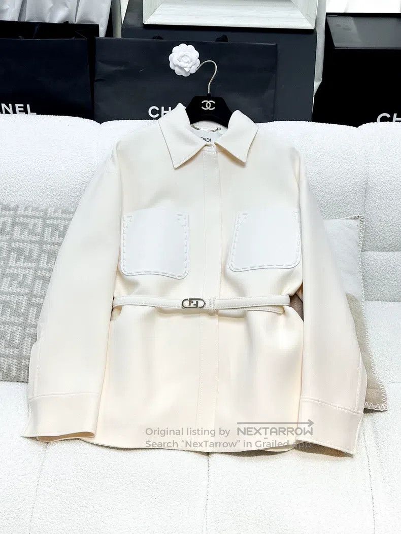 Fendi Fendi Cream White Leather Patch Pocket Jacket with Belt Size XS / US 0-2 / IT 36-38 - 1 Thumbnail