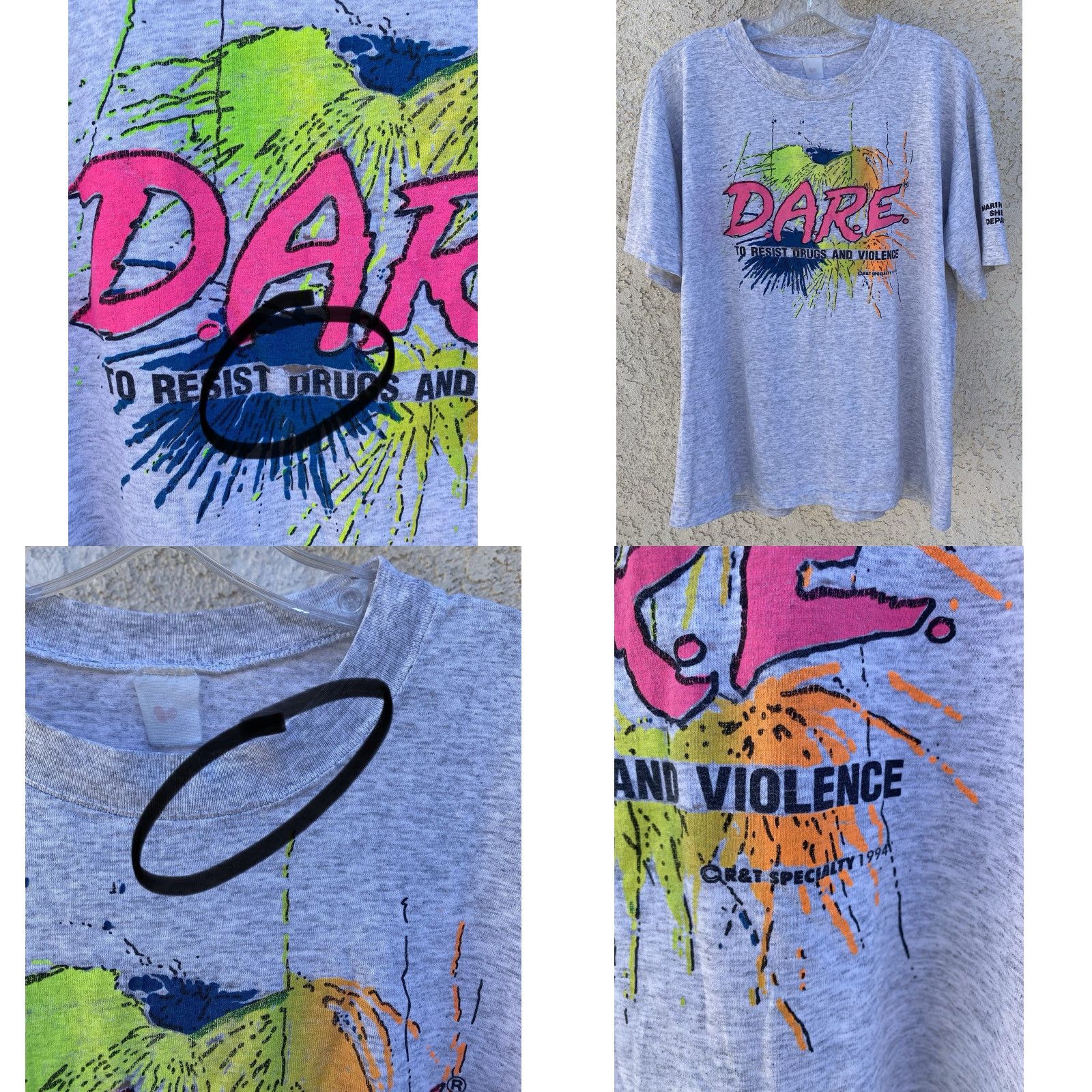 Fruit Of The Loom VINTAGE Fruit of the Loom T-Shirt DARE 1994 Gray Neon Marin County Sheriff XL Men Graphic Tee 1990s Size US XL / EU 56 / 4 - 8 Thumbnail