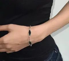 Jewelry Silver Chain Bracelet with Black Leaf-Shaped Accents Size ONE SIZE - 1 Thumbnail