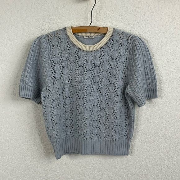 image of Miu Miu Cashmere Knit Baby Blue Contrast Sweater, Women's (Size Small)