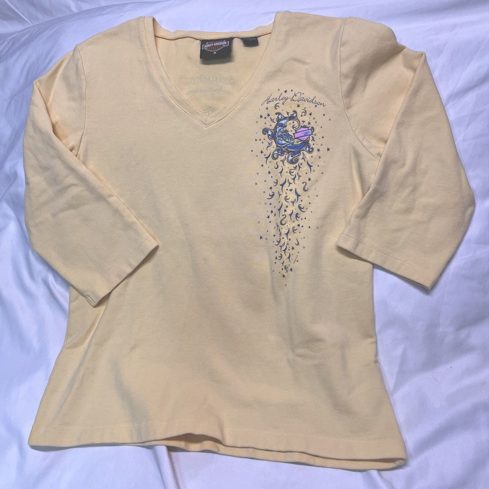 Harley Davidson Vintage Yellow 3/4 Sleeve Tshirt Glitter Graphic Brighton MI Size M / US 6-8 / IT 42-44 - 1 Thumbnail