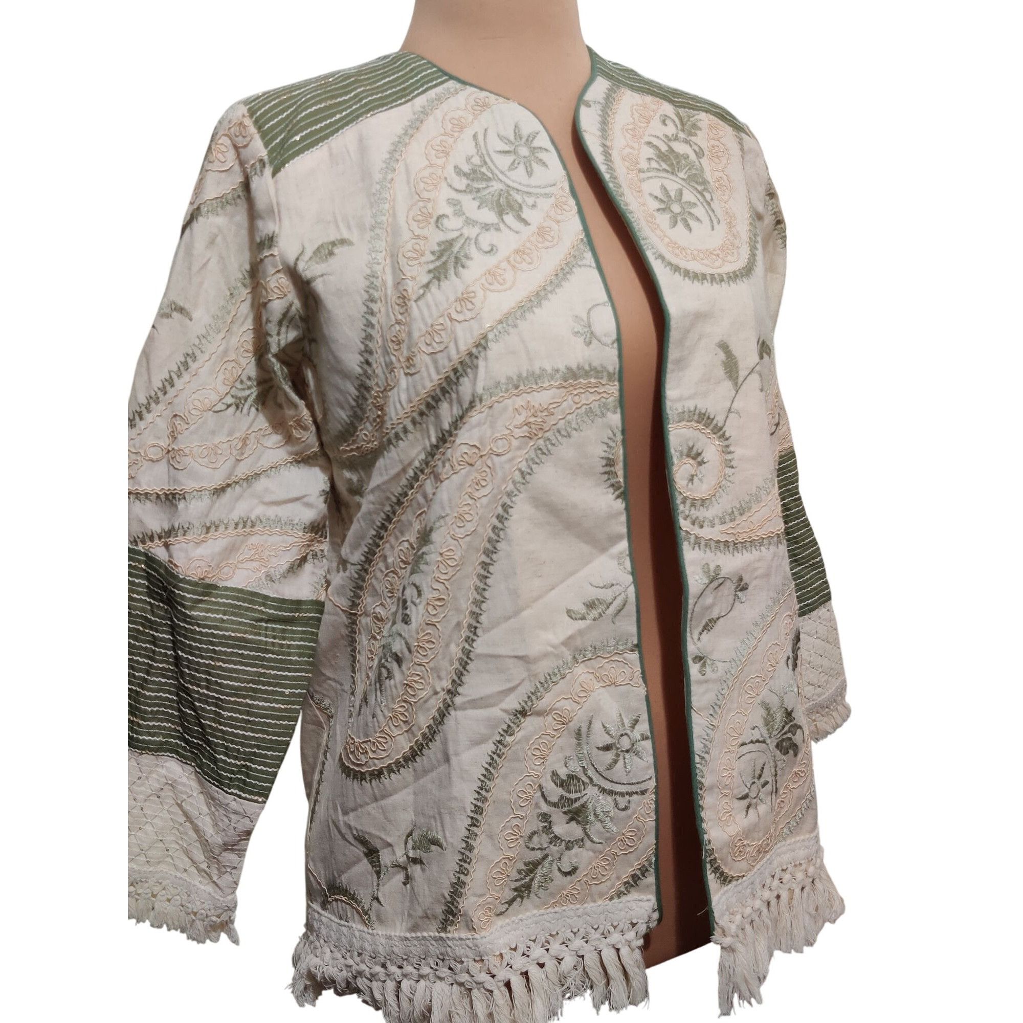 Other Womens L Jacket Boho Embroidered Fringe Cream Green Open Fro Size L / US 10 / IT 46 - 2 Thumbnail
