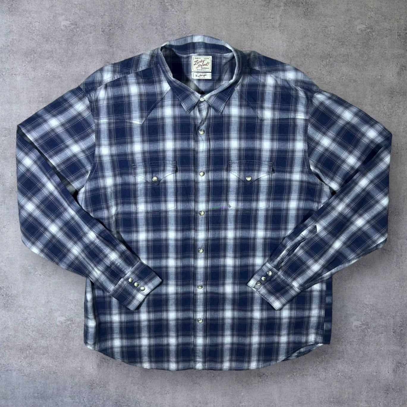 Lucky Brand Lucky Brand Western Plaid Long Sleeve Popper Cotton Shirt XL Mens Button-Up Check Navy/Grey/White 100% Cotton Casual Size US XL / EU 56 / 4 - 2 Thumbnail