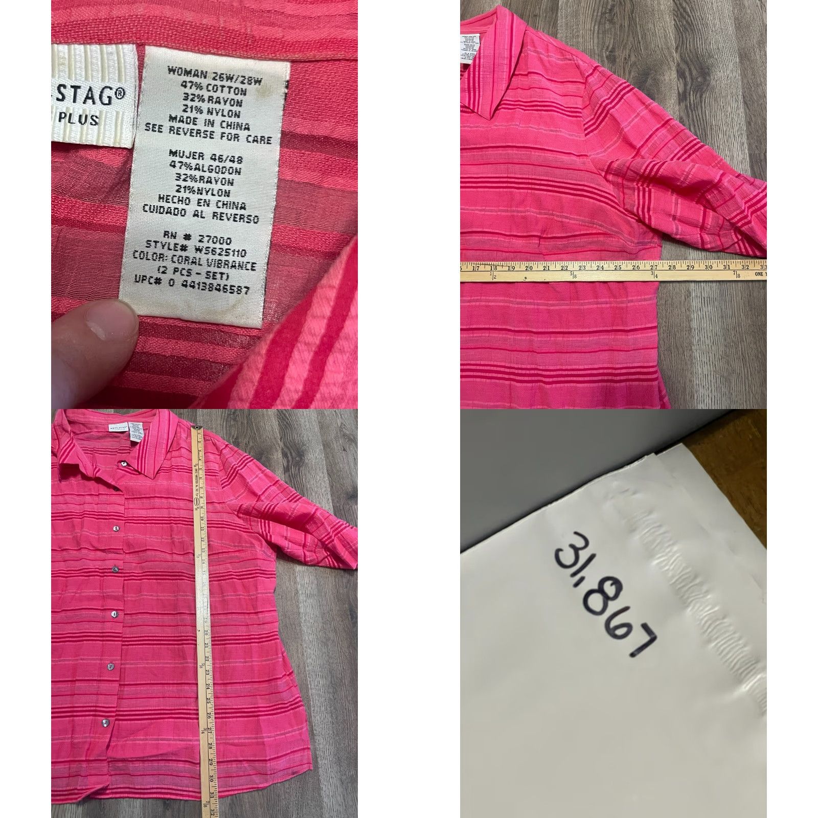 Vintage White Stag Shirt Plus Size 28W Pink Button Up 3/4 Sleeve Collared Casual Womens Size 4XL / US 24-26 - 8 Thumbnail
