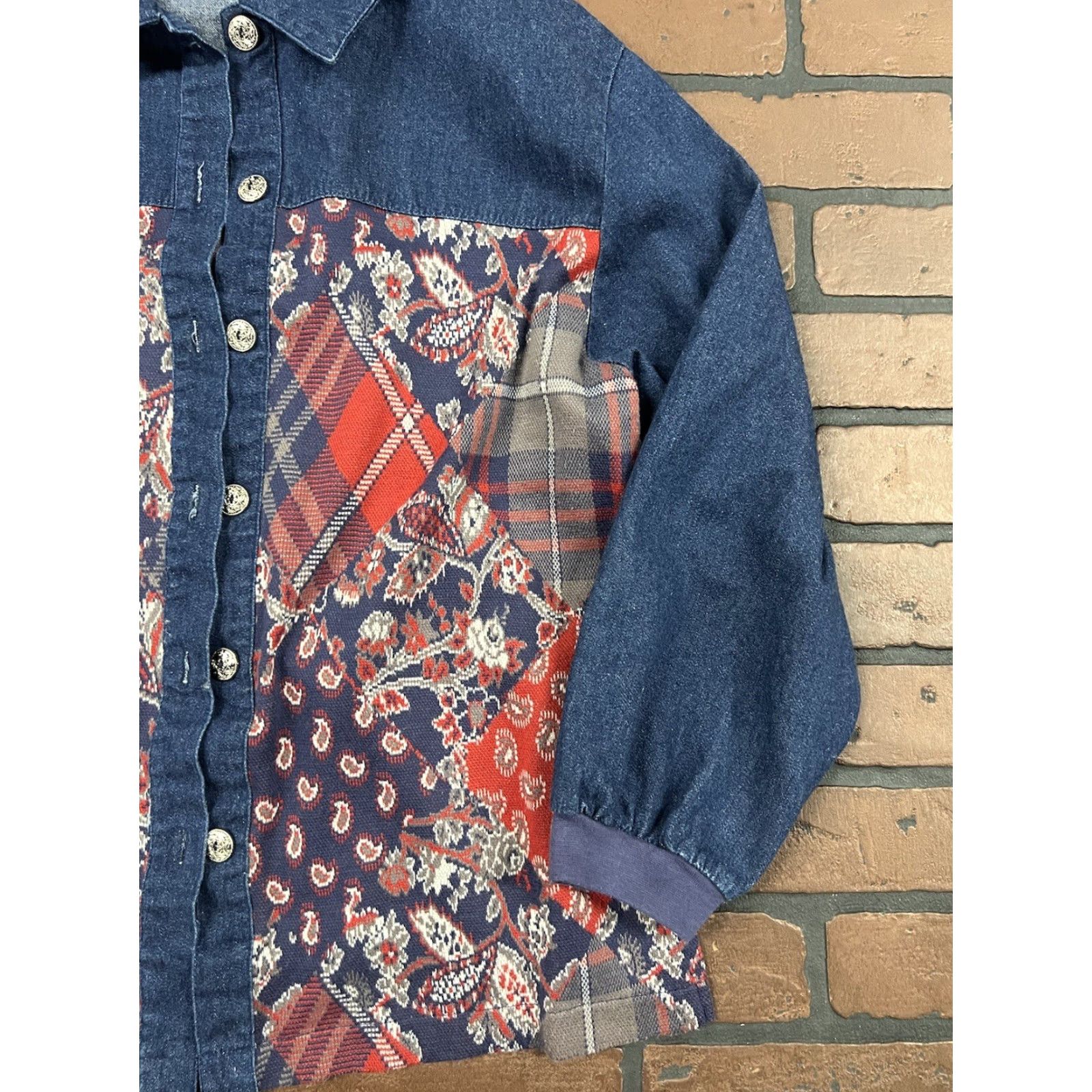 Denime Aileen Denim Paisley Patchwork Button Down Jacket Womens L Multicolor Size L / US 10 / IT 46 - 4 Thumbnail