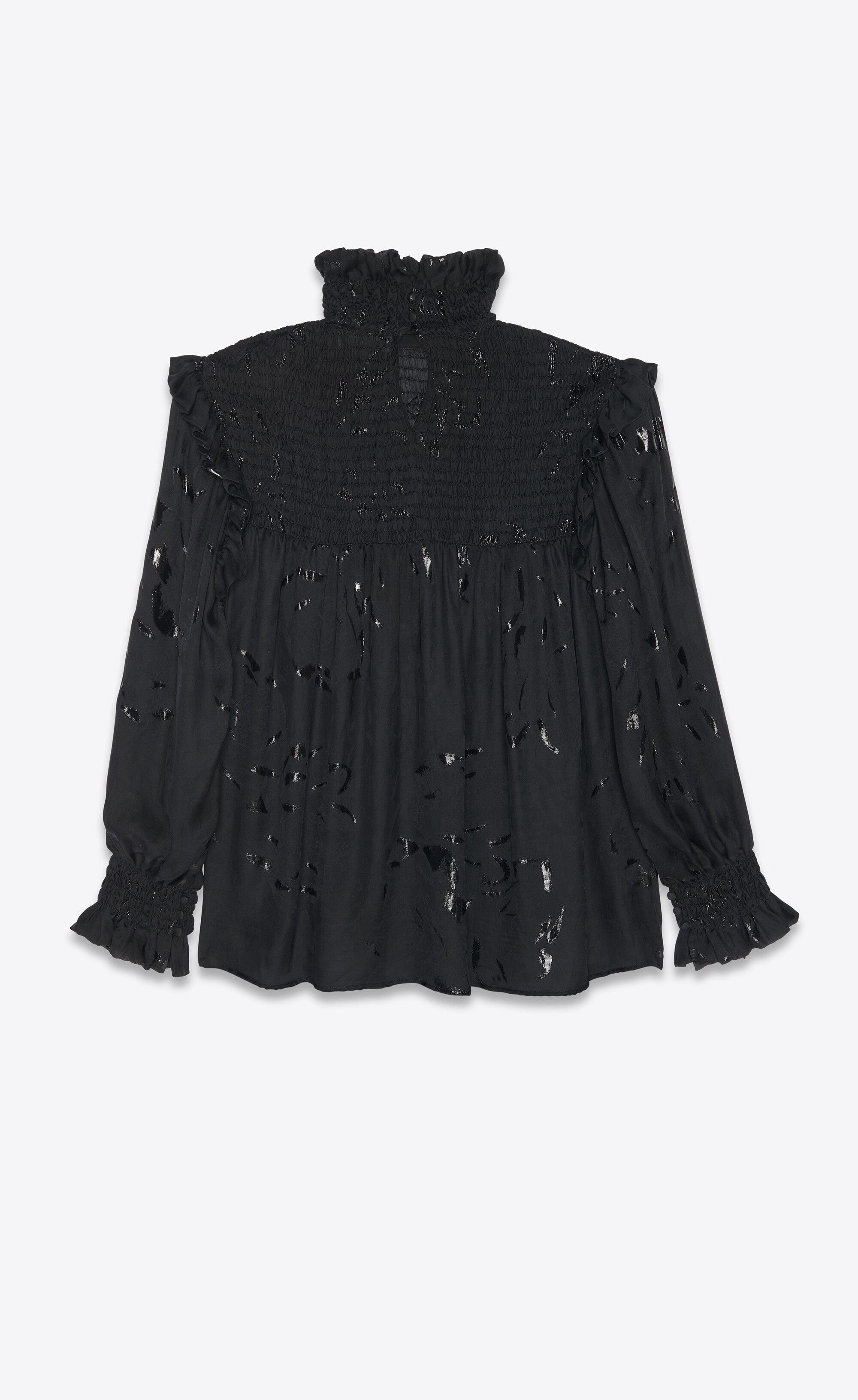 Saint Laurent Paris o1b1hav111224 Smocked Blouse in Floral Shadow Silk in Black Size US XS / EU 42 / 0 - 1 Thumbnail