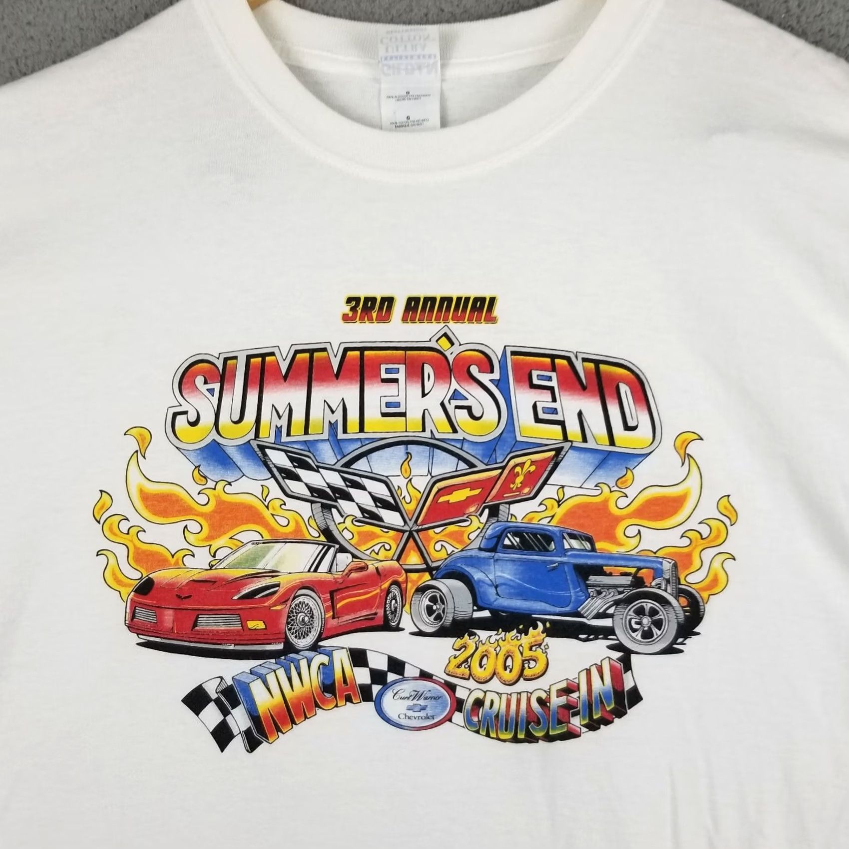 Vintage Corvette T shirt Mens Large White Flames Hot Rod Cars 90s Vintage Graphic Print 2005 Front Neck Round Crewneck Size US L / EU 52-54 / 3 - 2 Thumbnail