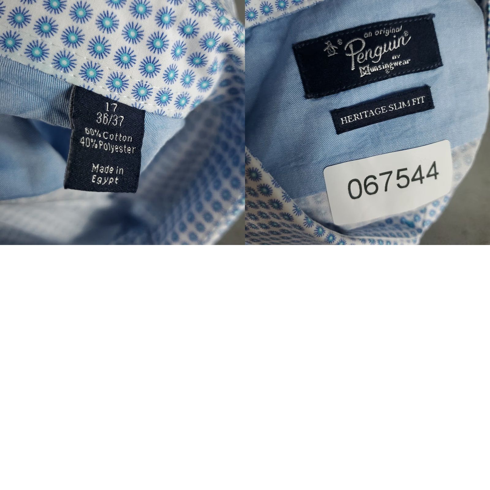 Vintage Penguin Shirt Mens 17 Blue White Geometric Dress Button Up Long Sleeve Size 46R - 8 Thumbnail
