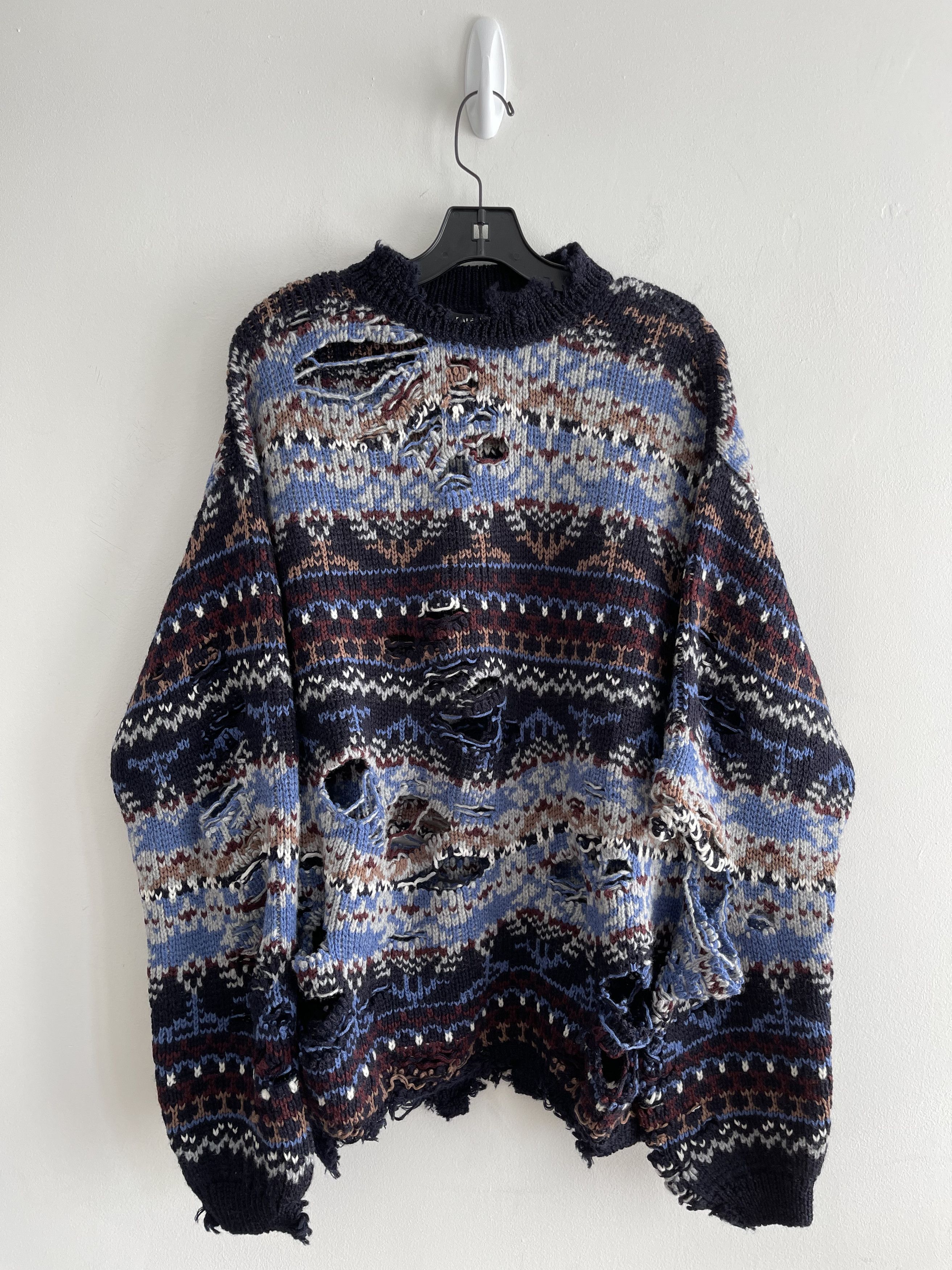 image of Balenciaga Fall 21 Afterworld Destroyed Fair Isle Sweater NWT S) in Navy, Men's (Size Small)