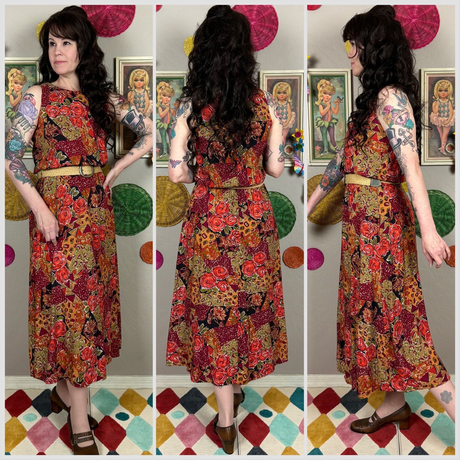 Vintage 1980s Sleeveless Floral & Patchwork Print Belted Midi Dress Size S / US 4 / IT 40 - 2 Thumbnail