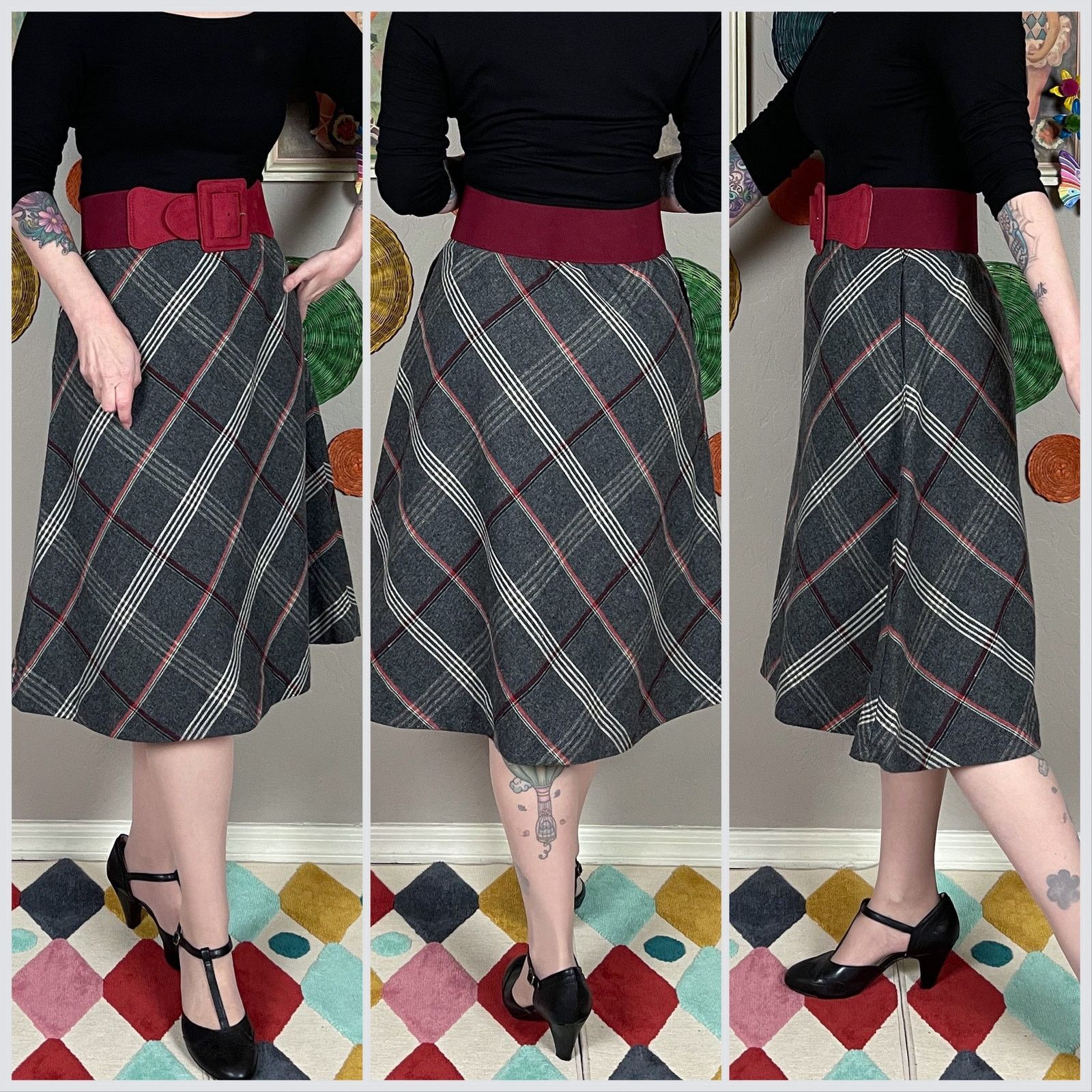 Vintage Vintage 1970s Grey Plaid Wool Blend A-Line Skirt Size 29" - 2 Thumbnail