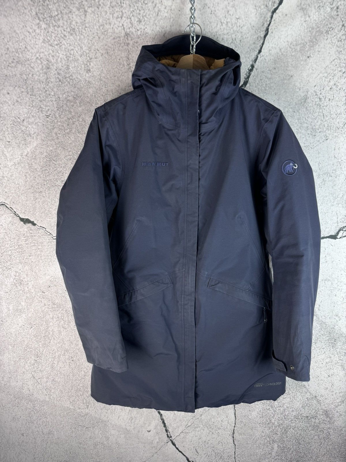 image of Mammut Dryvent Waterproof Windbreaker Hooded Jacket Raincoat in Blue Gray, Women's (Size Medium)