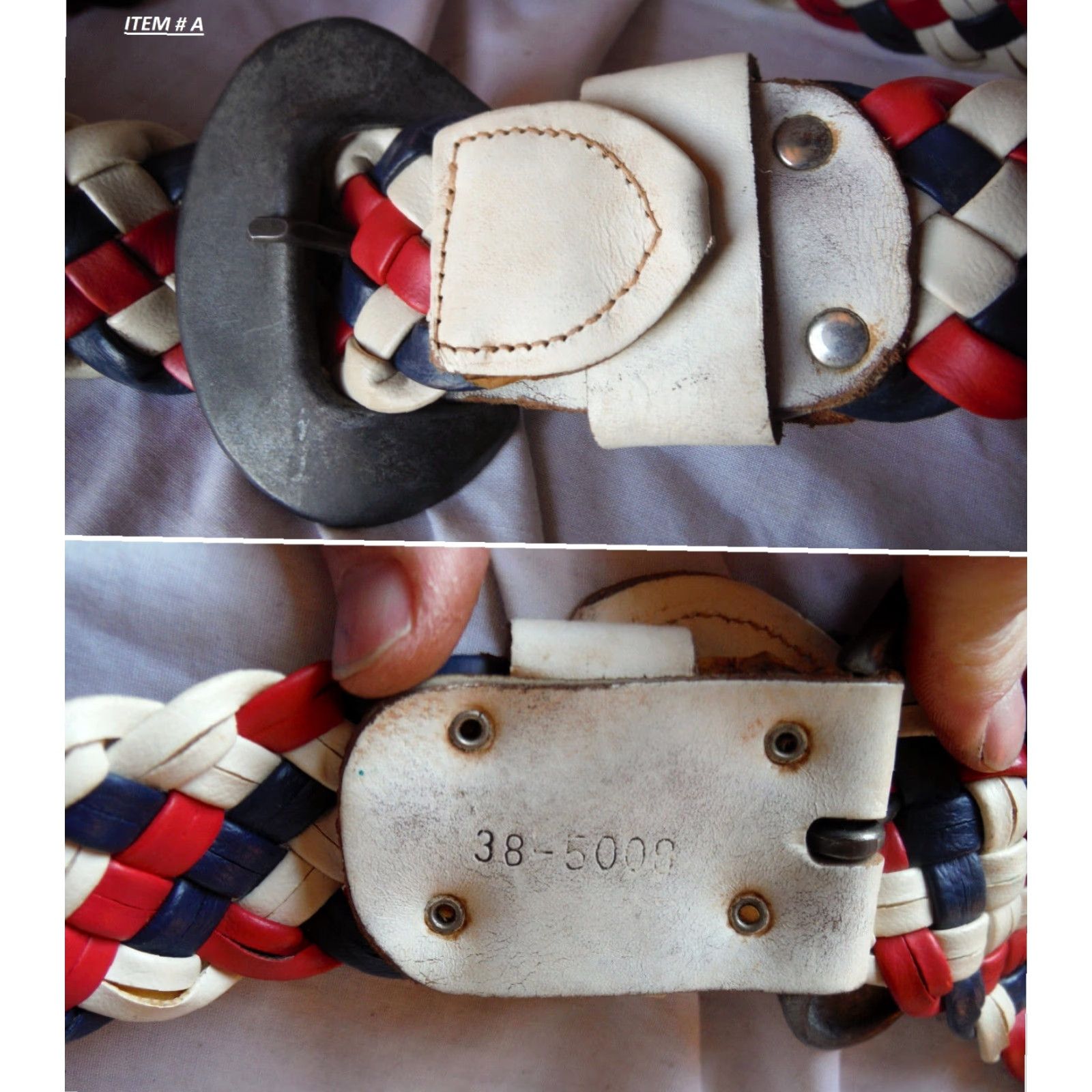 Vintage VINTAGE 70s USA Themed Belts - White Leather Vinyl Stripes Handcrafted Waist Accessories for Adults Small to 50 Size Size ONE SIZE - 2 Thumbnail