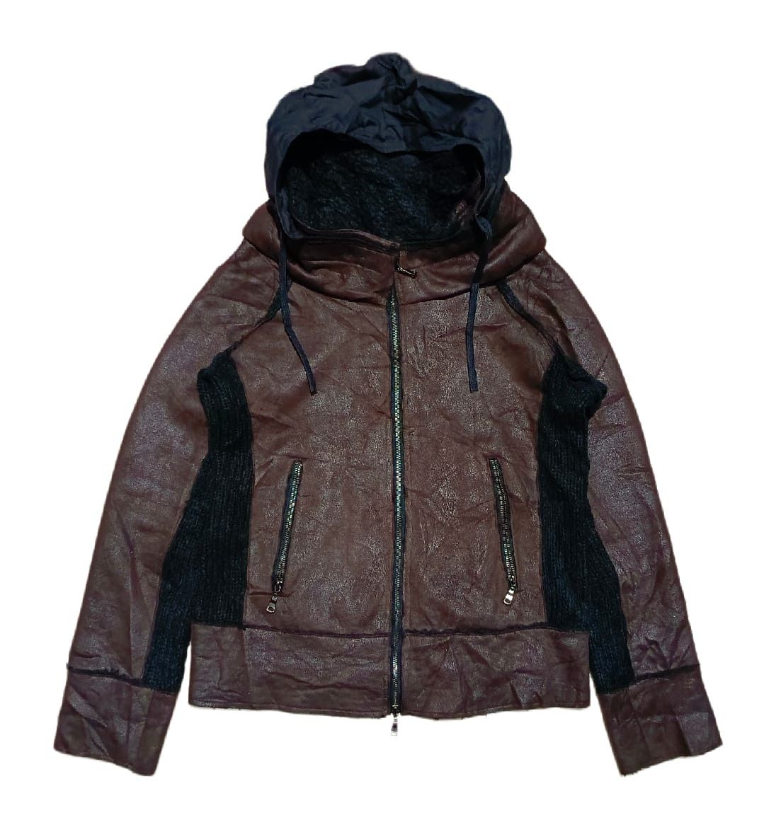 image of 14Th Addiction x Beauty Beast 2000’S Semantic Design Cyber Military Leather Hoodie 2 Zip in Brown (