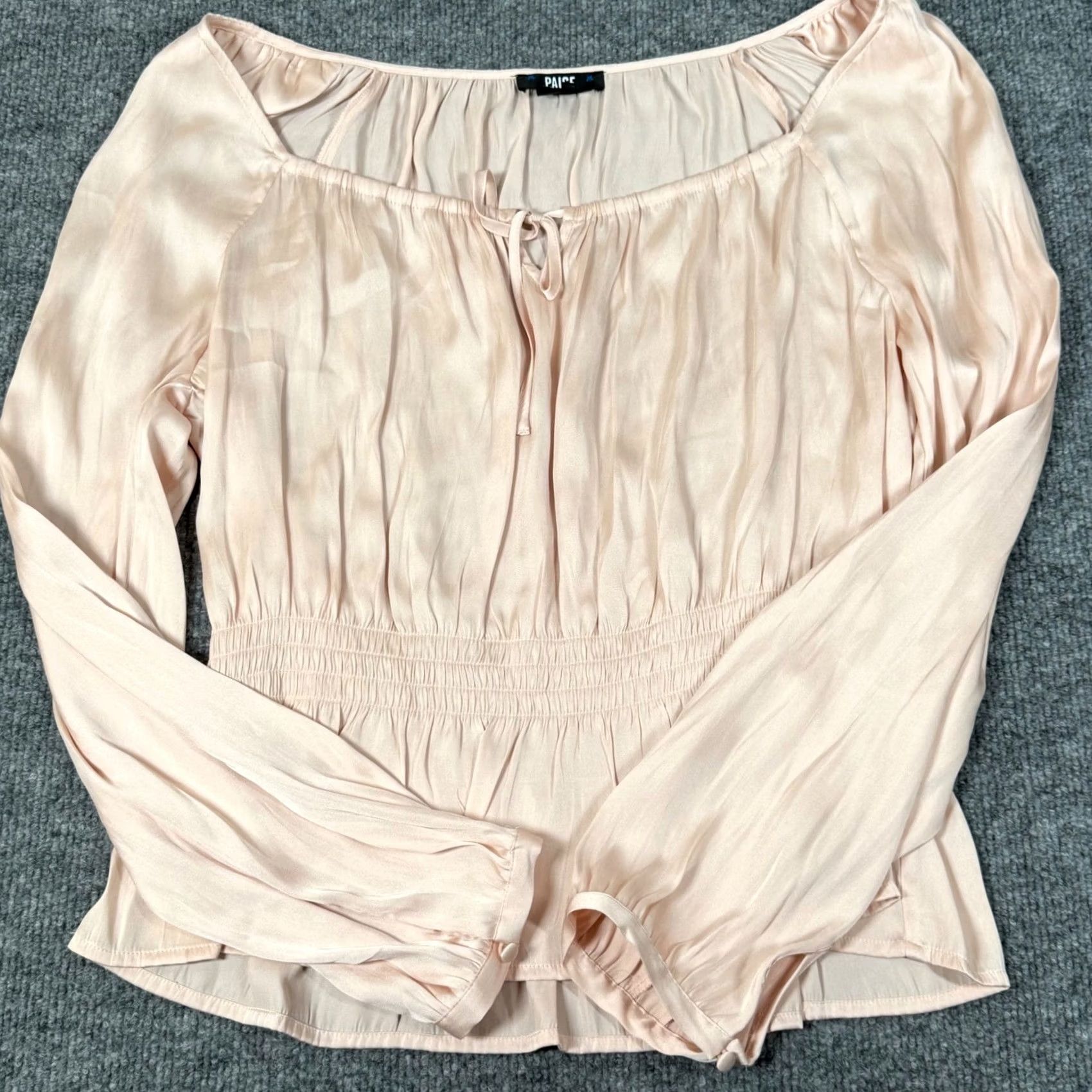 Paige VINTAGE PAIGE Odalynn Satin Blouse Large Smocked Bodice Peplum Square Neck Boho Peasant Size L / US 10 / IT 46 - 2 Thumbnail