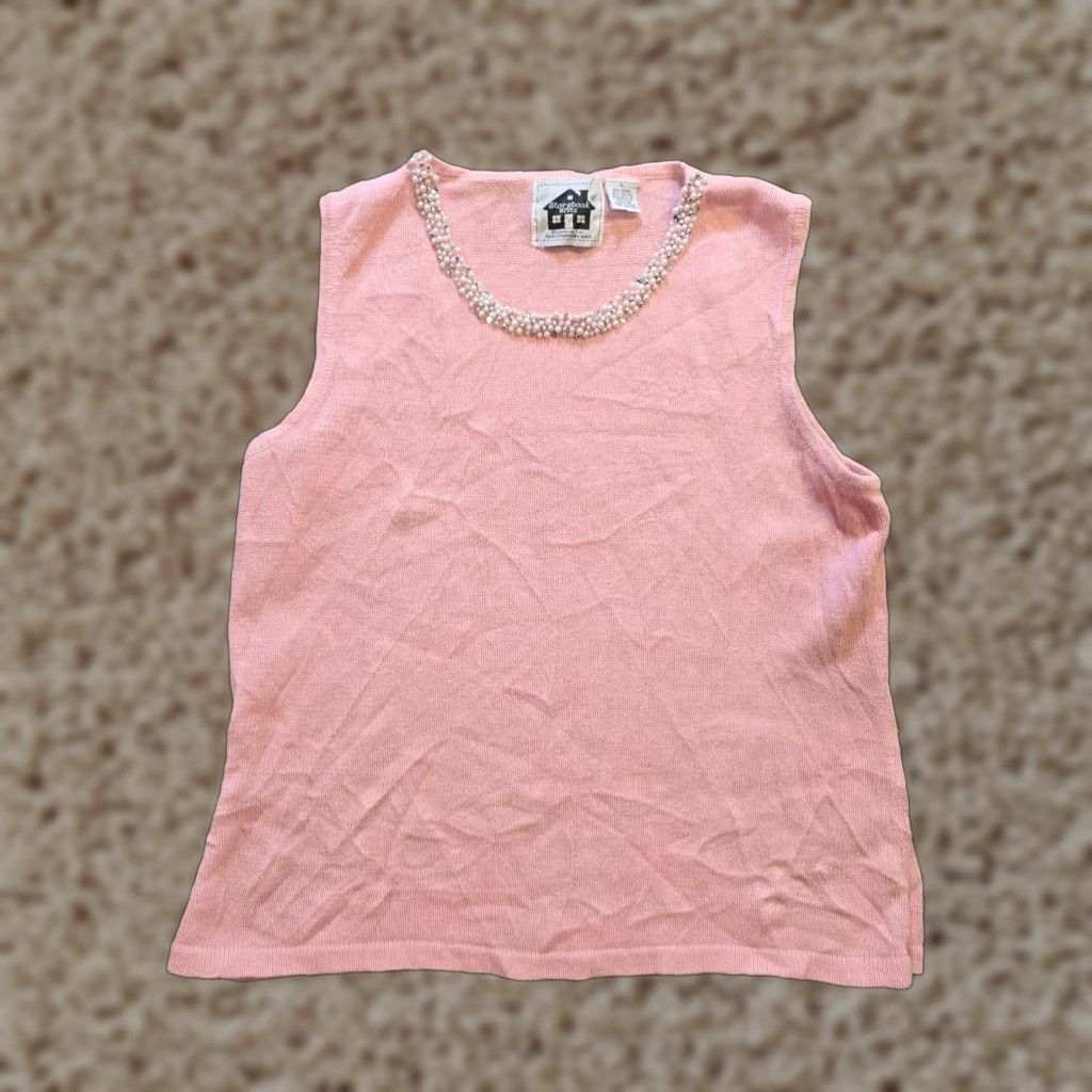 Vintage Storybook Knits Tank Womens Large Pink Beaded Sleeveless Cottage Core Size L / US 10 / IT 46 - 1 Thumbnail