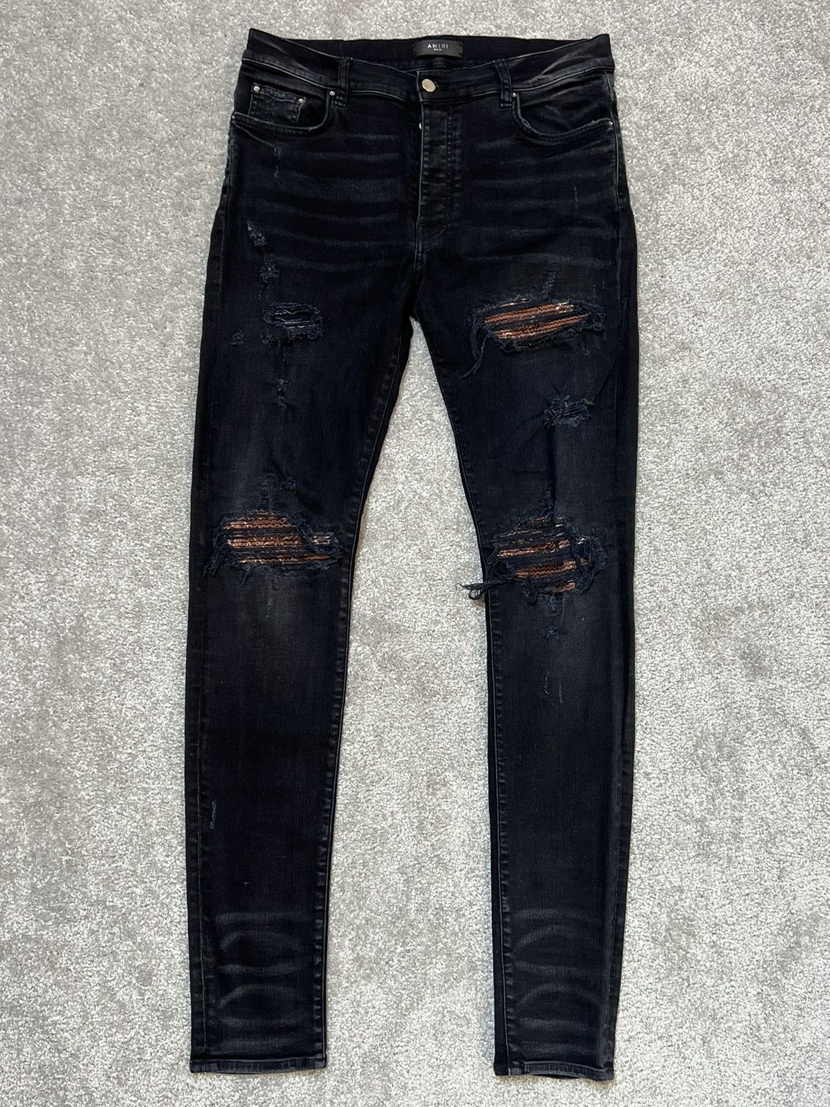 Amiri Amiri MX-1 Black Distressed Skinny Jeans With Brown Patch Size US 36 / EU 52 - 1 Thumbnail
