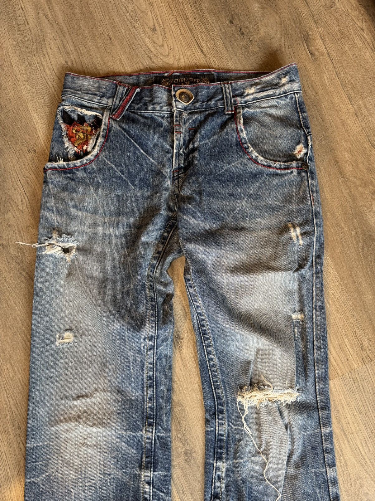 Japanese Brand DISTRESSED RED PEPPER DENIM SKULL LOGO LIKE LGB STYLE Size US 30 / EU 46 - 6 Thumbnail