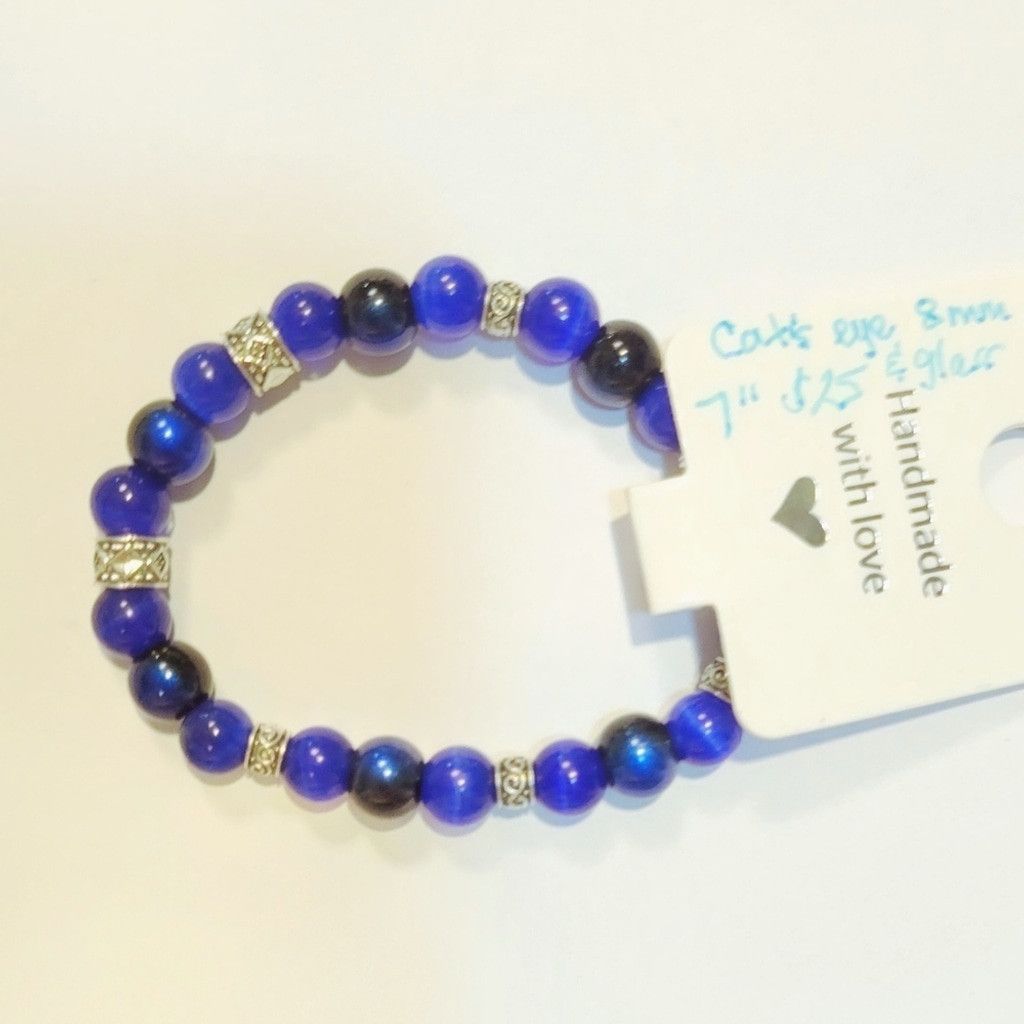 Handmade Natural Crystal Cat's Eye & Glass Beaded Bracelet 7" Size ONE SIZE - 2 Thumbnail