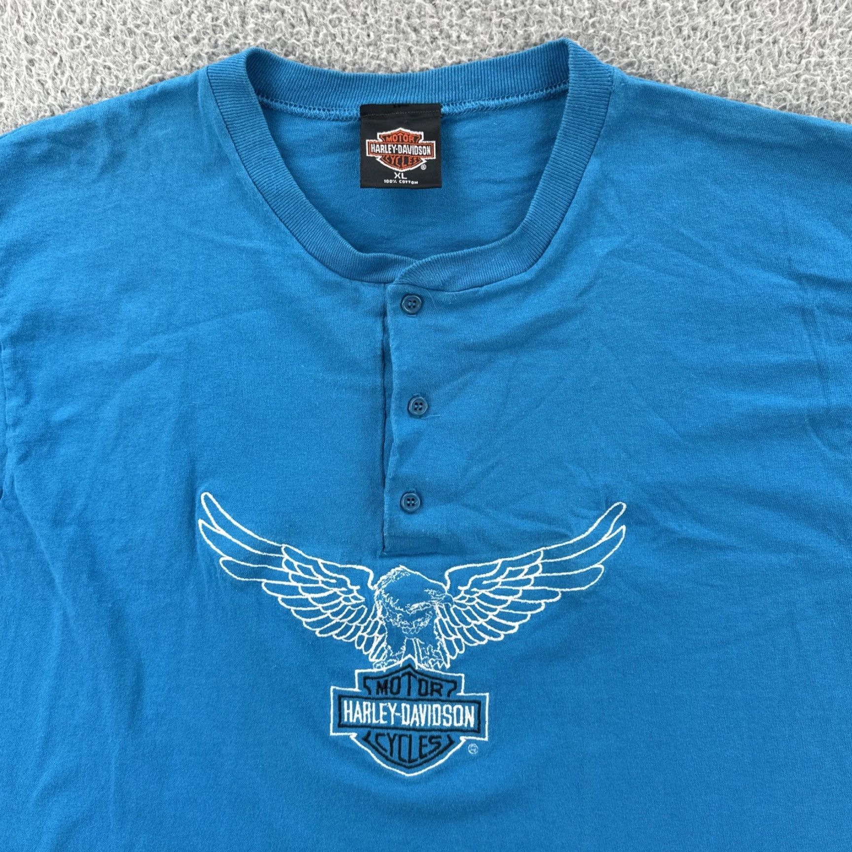 Harley Davidson VINTAGE Harley-Davidson Mens XL Embroidered Henley T Shirt Blue USA Made Size US XL / EU 56 / 4 - 5 Thumbnail