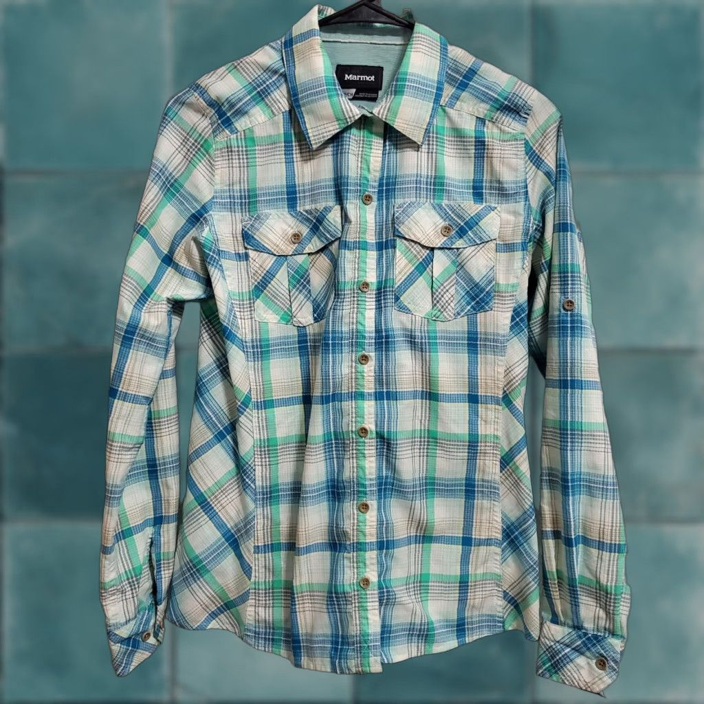 Marmot Marmot Shirt Women S White Blue & Green Plaid Button Up Roll Tab Sleeve Hiking Outdoors Size S / US 4 / IT 40 - 1 Thumbnail