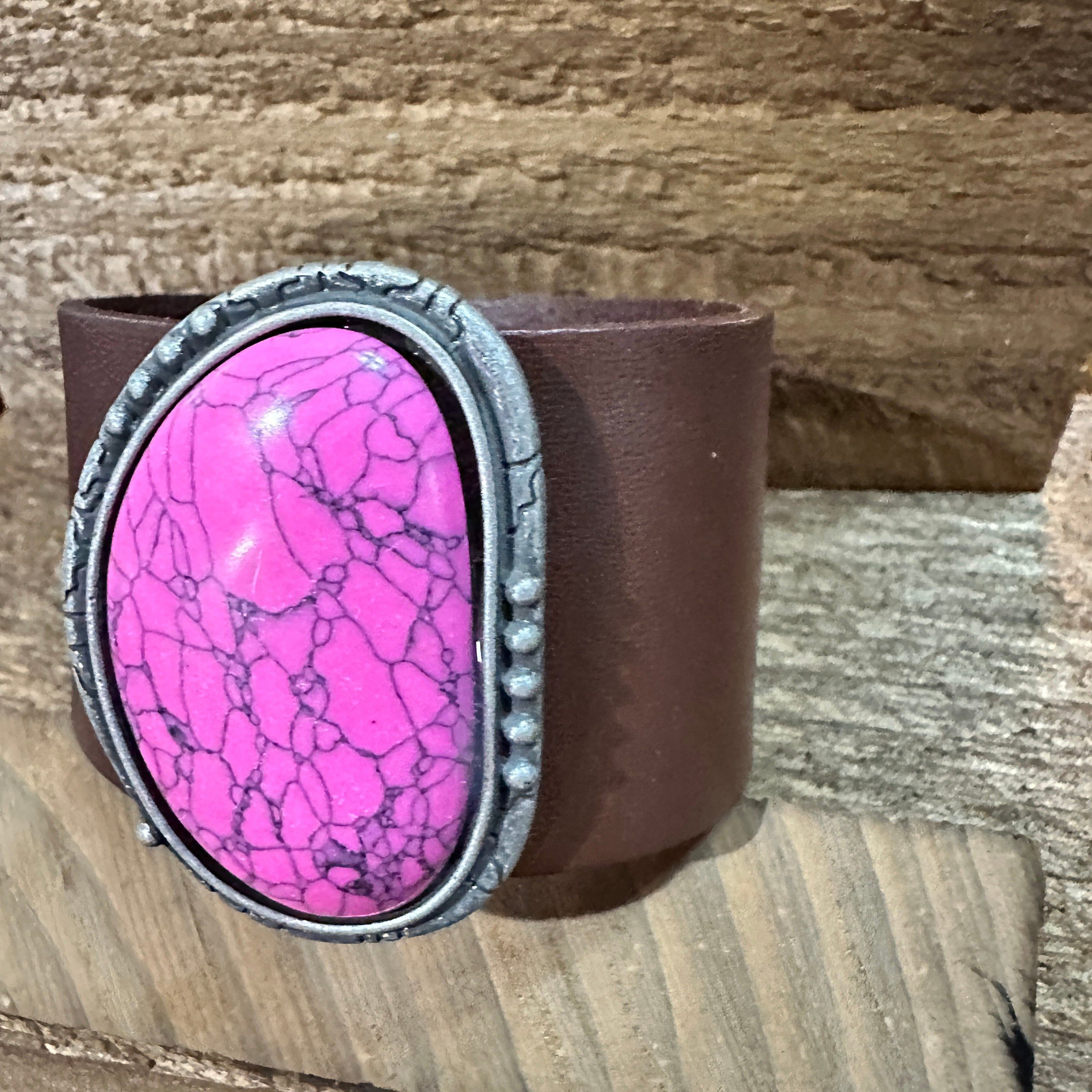 Other Hot Pink Stone and Dark Brown Leather Cuff Bracelet Size ONE SIZE - 4 Thumbnail