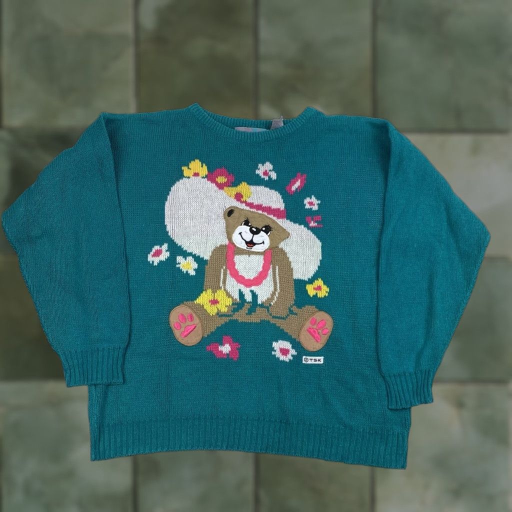 Vintage VINTAGE Pinwheel Sweater Women's Large Blue Teddy Bear Floral 90s Pullover Womens Size L / US 10 / IT 46 - 1 Thumbnail