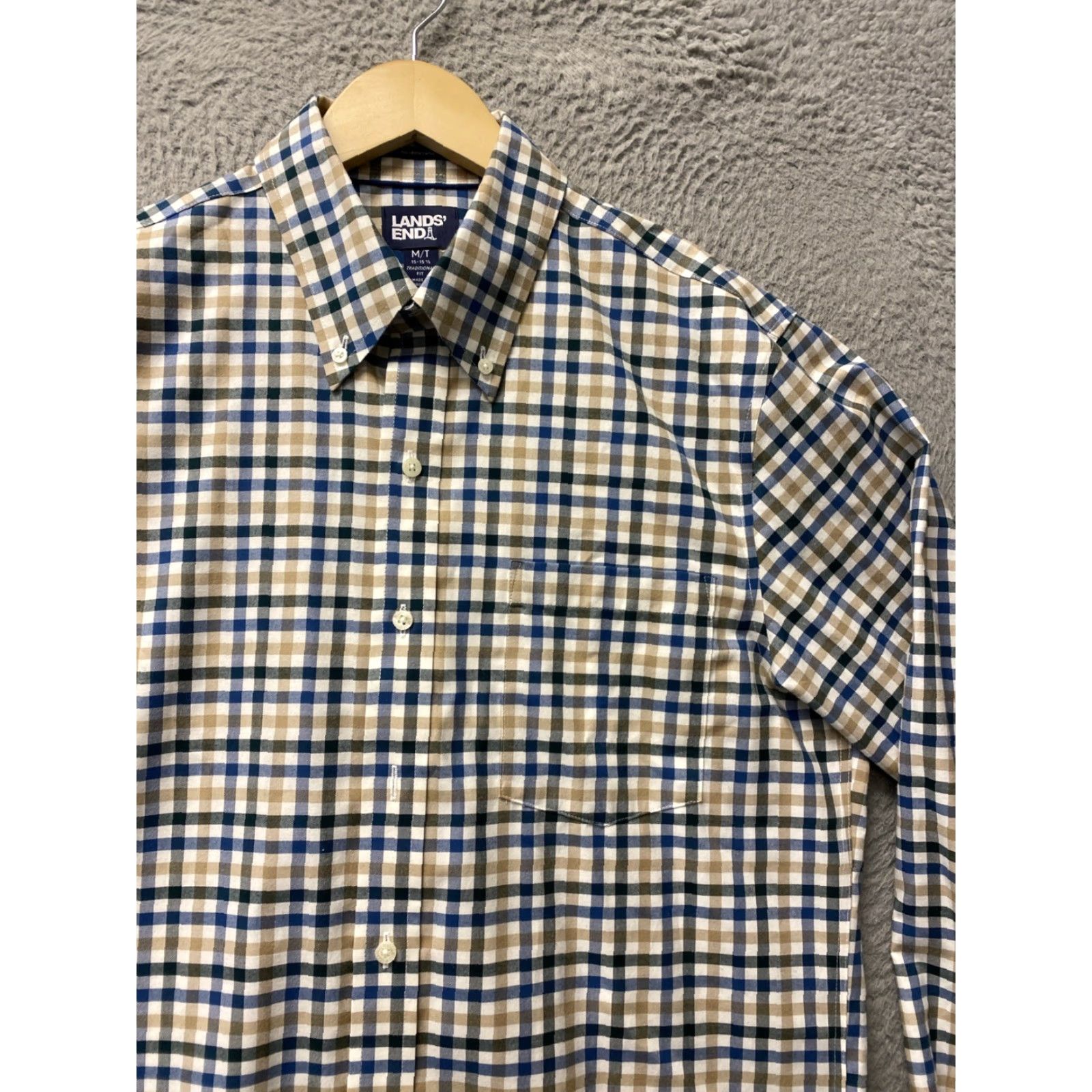 Lands' End Lands' End Button-Up Shirt Mens M Tall Tan Blue Plaid Check Long Sleeve /0487 Size US M / EU 48-50 / 2 - 3 Thumbnail