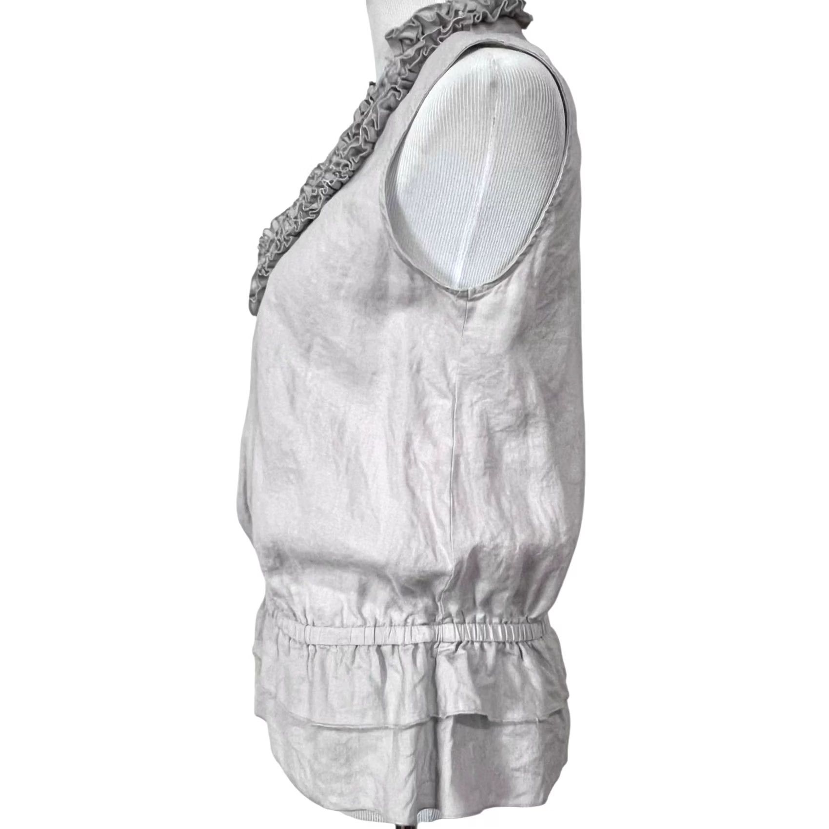 Vintage Zoe D. Women’s Linen Top Gray Sleeveless Cinched Waist Ruffled Collar Blouse M, Blouse, Women, Gray, Linen, Solid, Sleeveless, 50s? Size M / US 6-8 / IT 42-44 - 4 Thumbnail