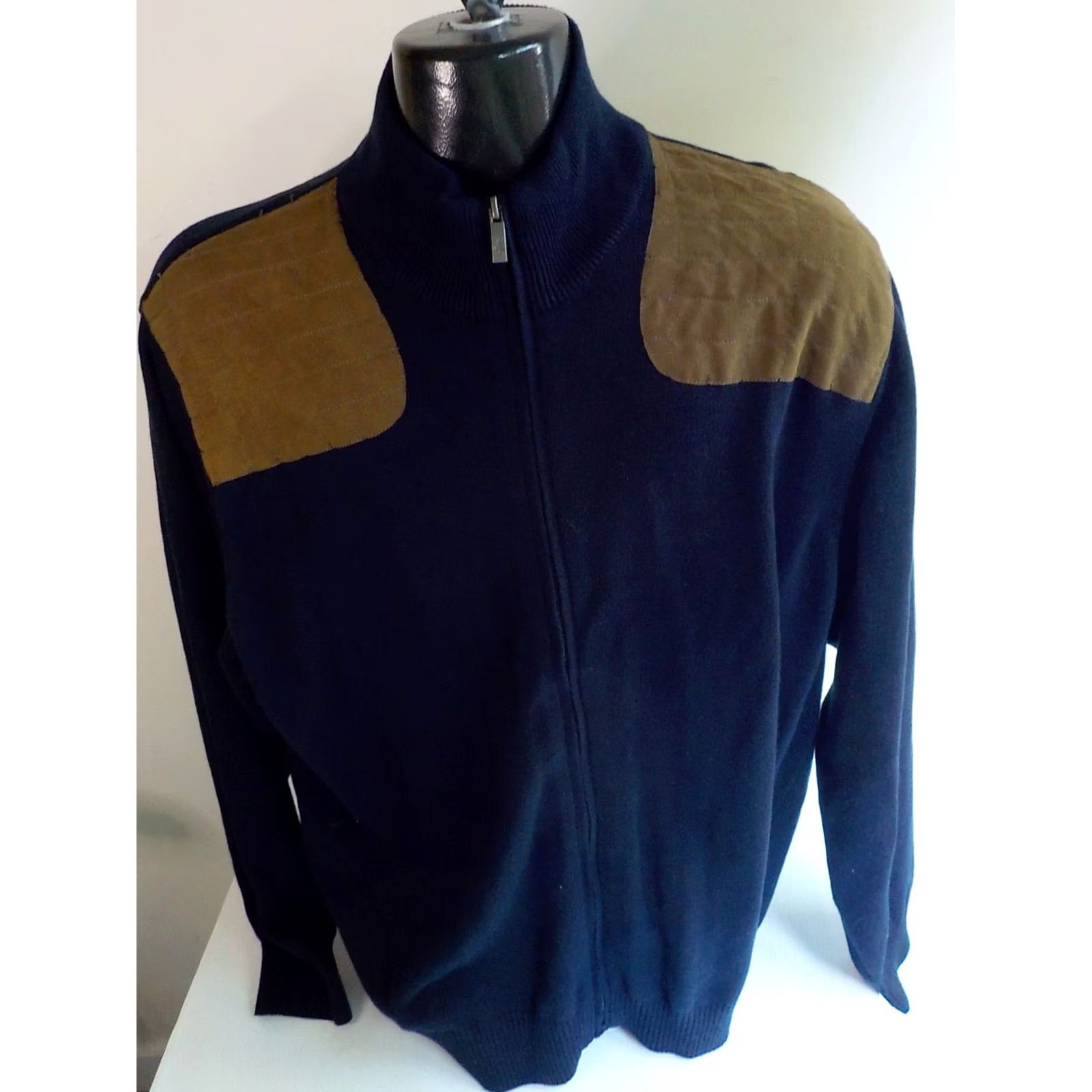 Vintage SOUTHERN PINES Zip Front Mens Cardigan Sweater w/Quilted Shoulder Blue XXL Size 2XL Ribbed Cuffs Waistband Mock Neck Full Zip Cotton Knit 100% Size US XXL / EU 58 / 5 - 2 Thumbnail