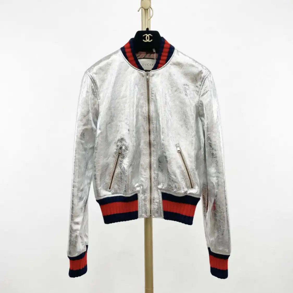 Gucci M Size Silver Sheepskin Women's Jacket Bombers, Women's
