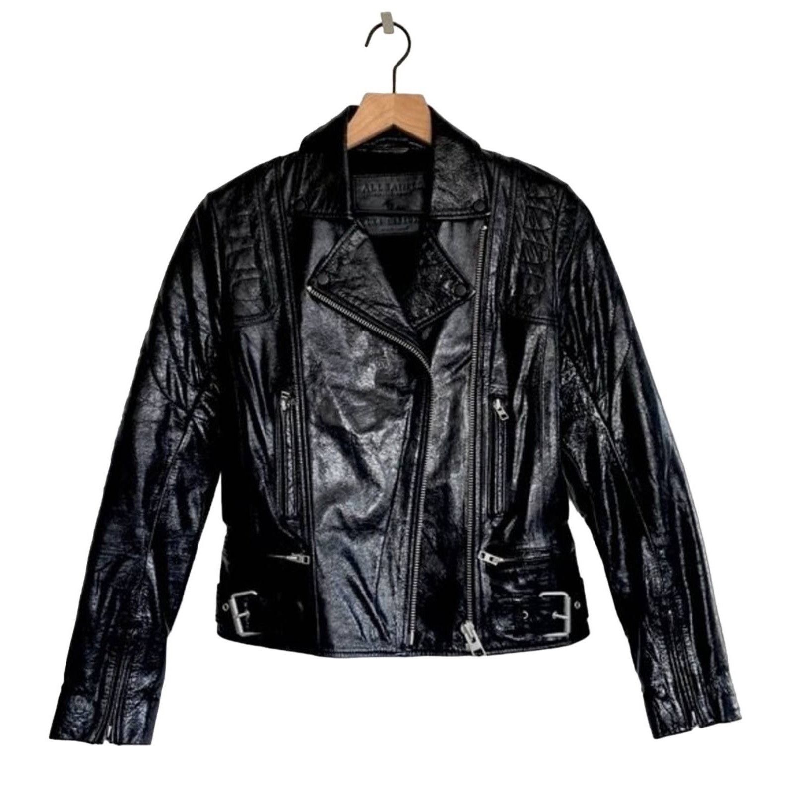 image of Allsaints The Biker Series 1 Patent Lamb Leather Jacket Us 0 in Black, Women's (Size XS)