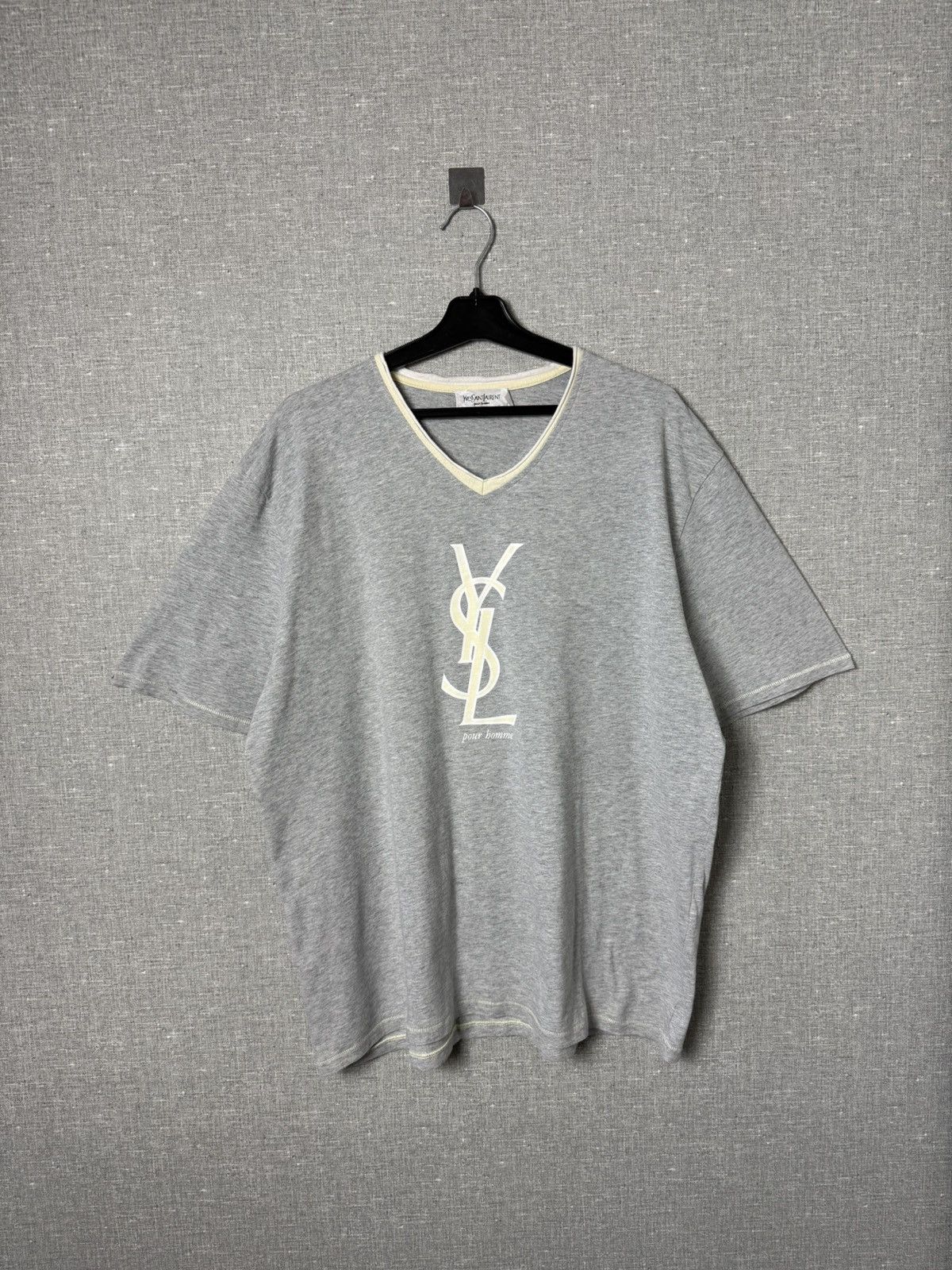 Yves Saint Laurent Vintage Yves Saint Laurent Pour Homme YSL Logo Tee V-Neck Size US XL / EU 56 / 4 - 1 Thumbnail