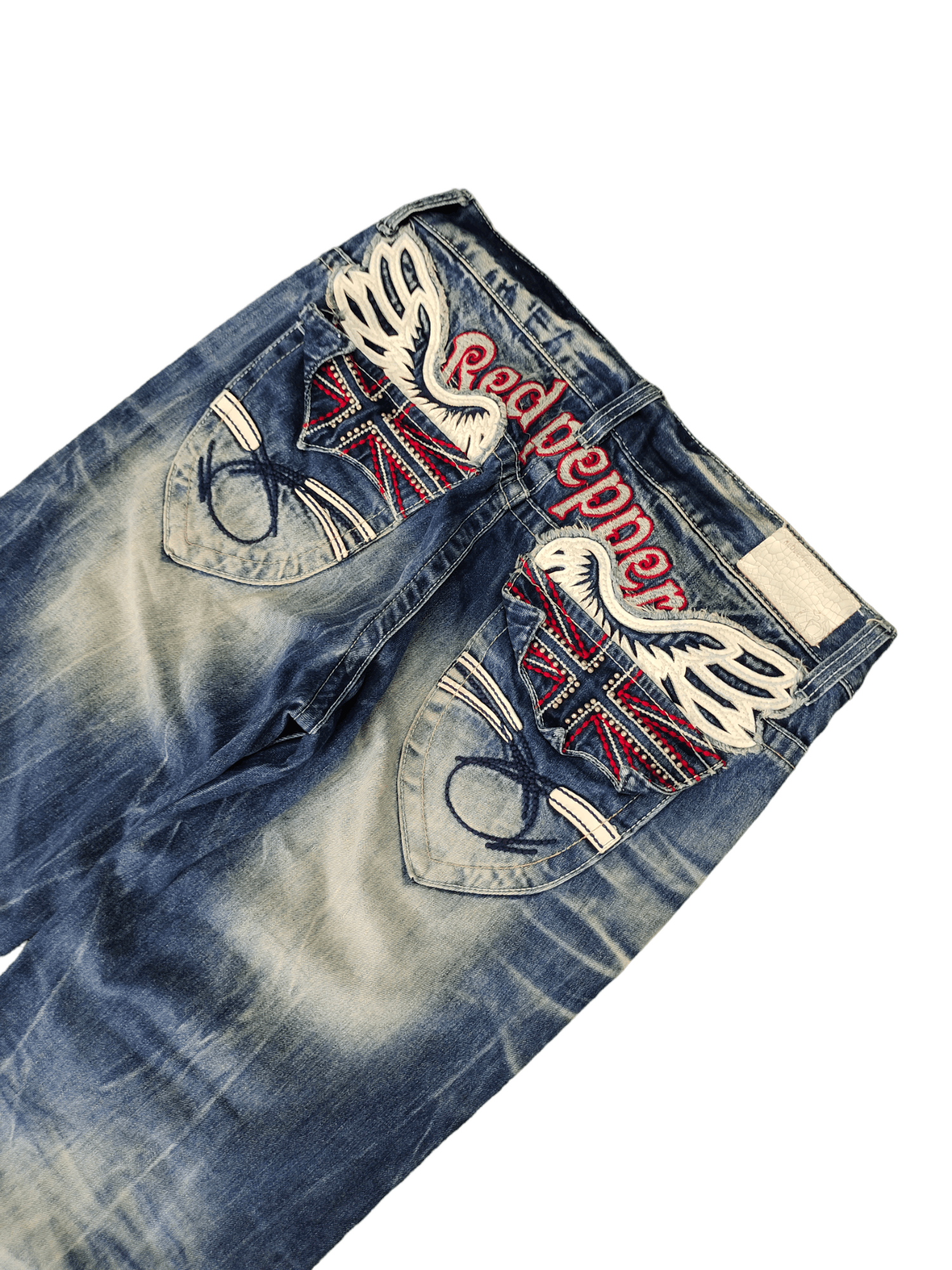 Vintage Red Pepper Wing & UK Flag Embroidered Denim Ed Hardy Y2k Size US 34 / EU 50 - 2 Thumbnail