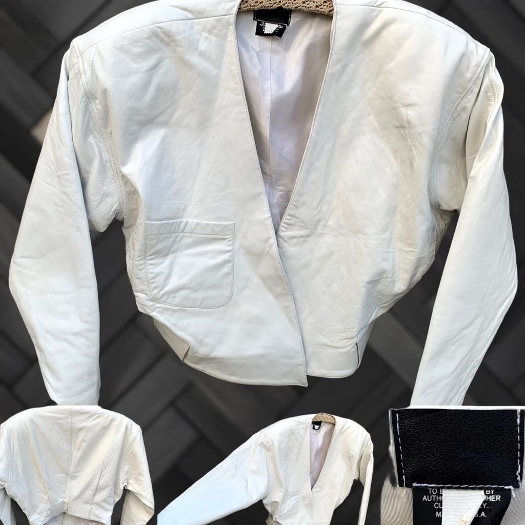 Vintage VINTAGE Leather Jacket White Cropped 80s Shoulder Pads Size S Or M Women Size M / US 6-8 / IT 42-44 - 1 Thumbnail