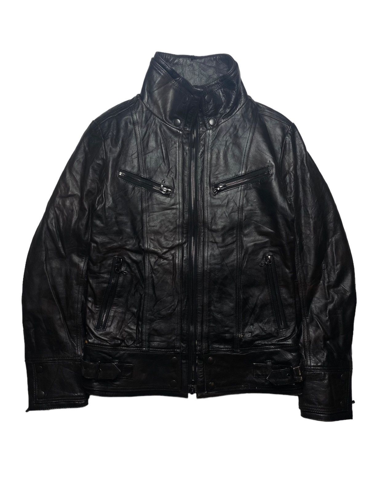 image of 14Th Addiction x Kmrii 2000S Shellac - Burned Leather Biker Jacket in Black, Men's (Size Medium)