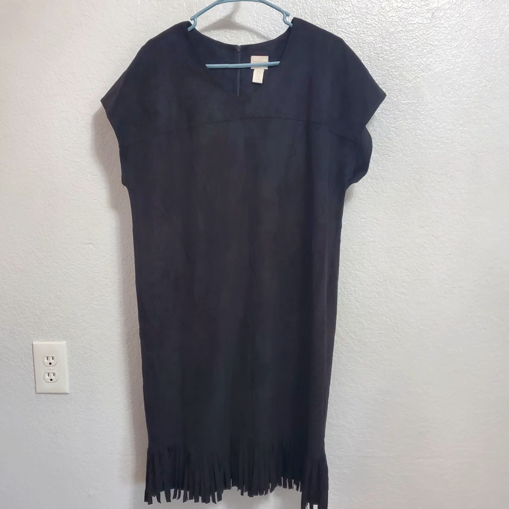 Vintage Chico's Dress Black Faux Suede Fringe Western Boho Shift Knee Length Short Sleeve Hidden Back Zip Womens Size 10 Size 32" / US 10 / IT 46 - 2 Thumbnail