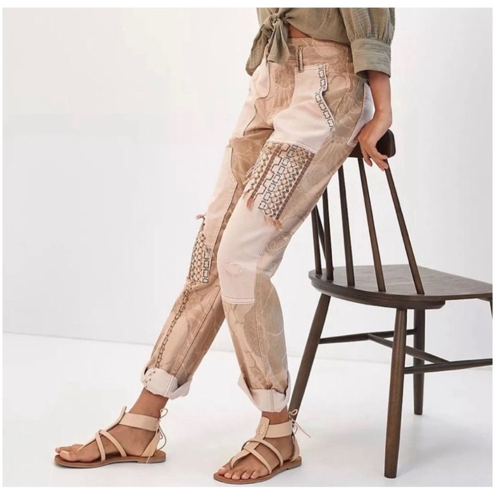 Anthropologie Pilcro Anthropologie Sz 29 Tan Patchwork Embroidered Pants Size 29" - 1 Thumbnail
