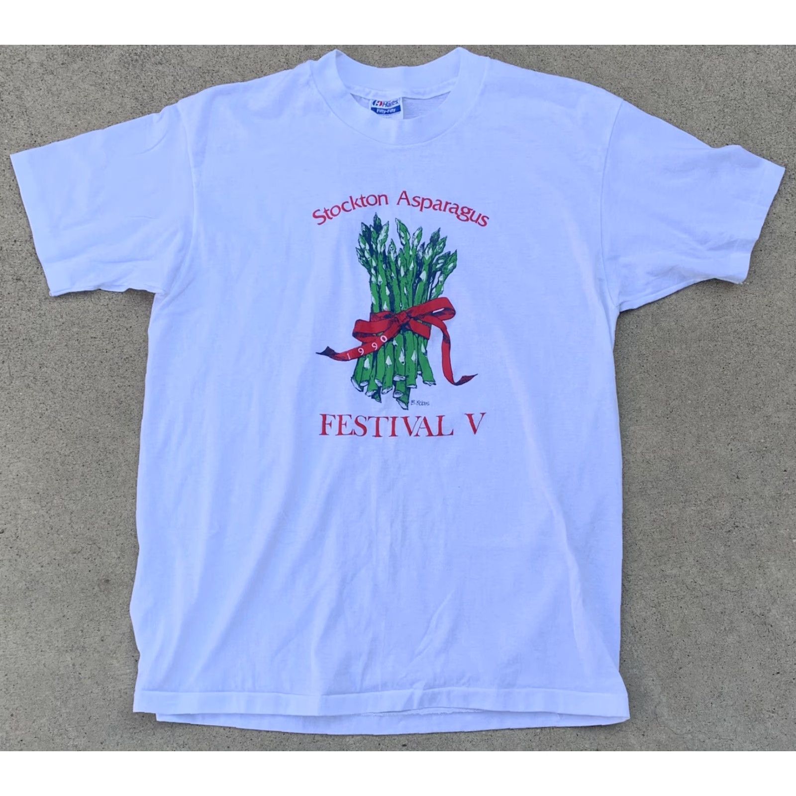 Hanes VINTAGE Hanes Stockton Asparagus Festival V T-Shirt L White 1990s Mens Graphic Tee Short Sleeve Made In USA Size US L / EU 52-54 / 3 - 7 Thumbnail