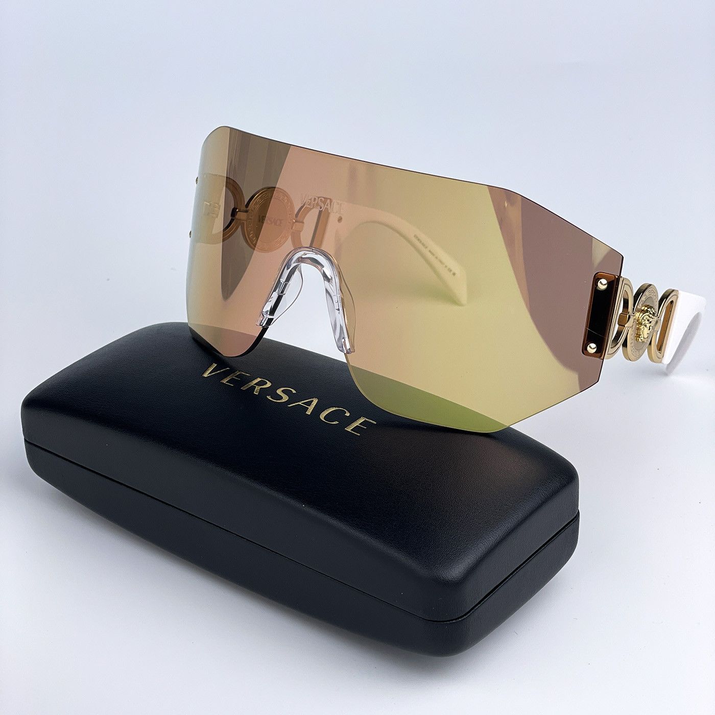 image of New Versace Ve2258 10027J Shield Unisex Sunglasses in Brown Mirrored Rose/Gold, Women's