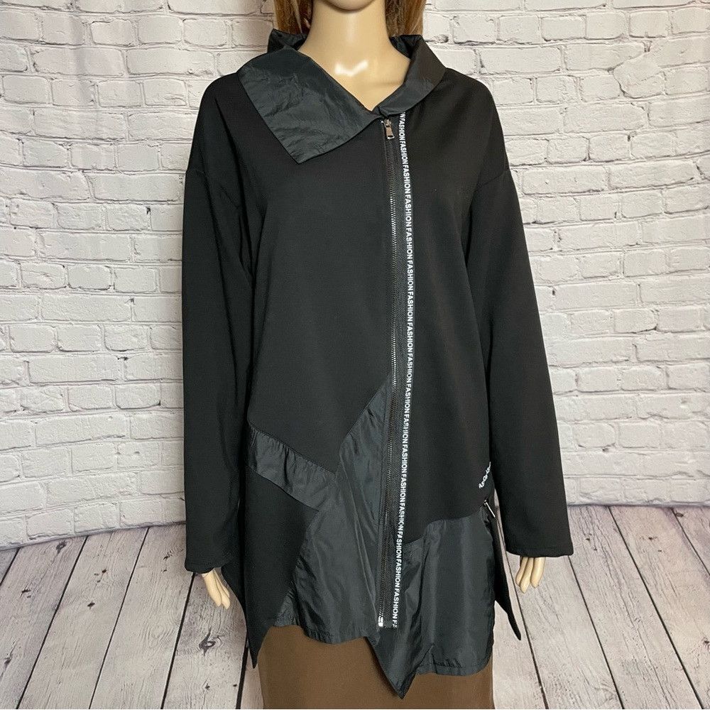 Other Vega Moda Black Cotton Asymmetrical Hem Zip Cardigan Jacket Size XL / US 12-14 / IT 48-50 - 2 Thumbnail