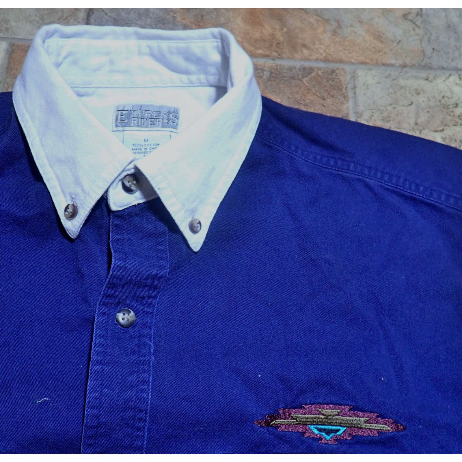 Express VINTAGE Express Rider Men's Western Shirt Blue Button Down Embroidered Aztec Southwest Design Size US M / EU 48-50 / 2 - 7 Thumbnail