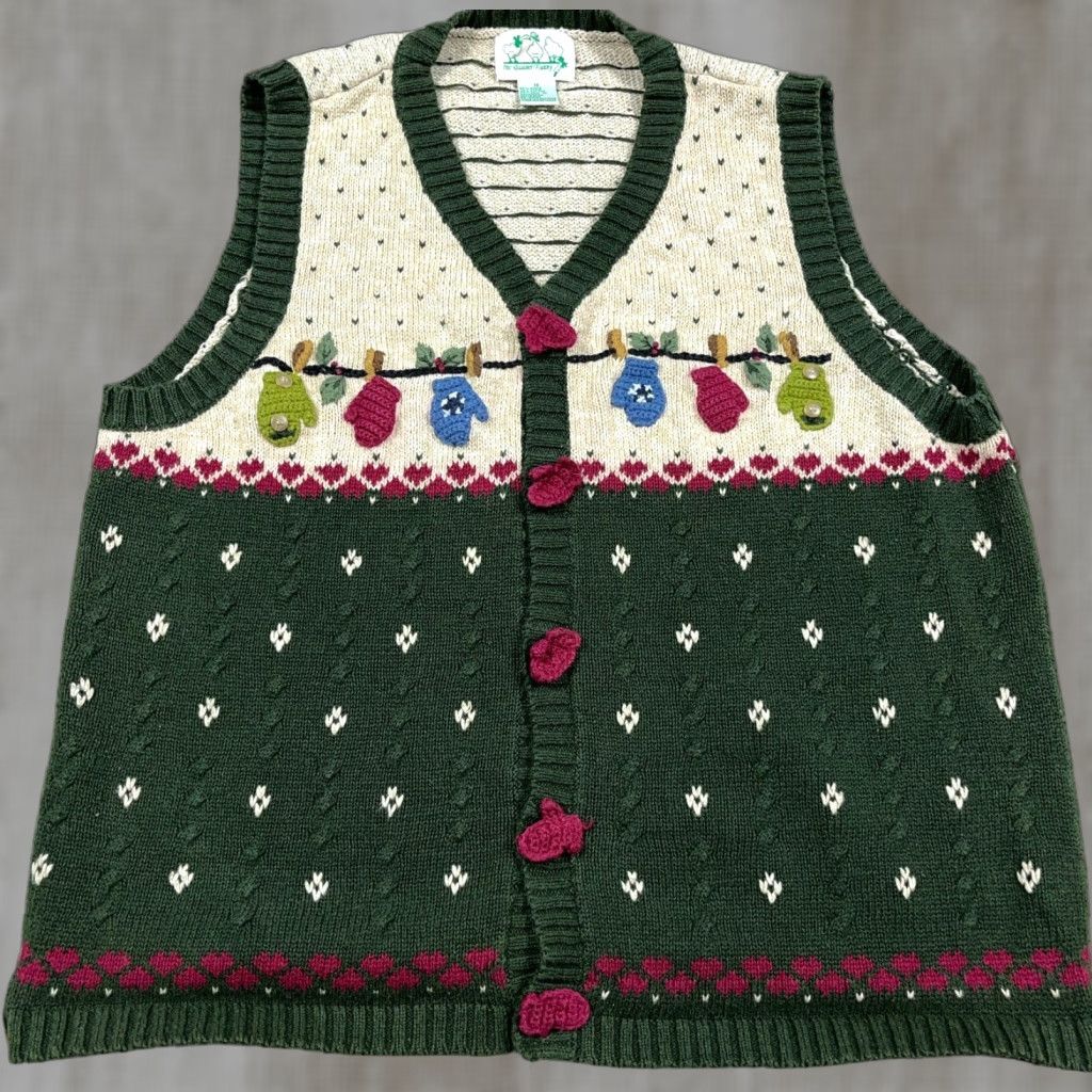 Vintage VINTAGE Sweater Loft Quaker Factory Vest Women 1X Green Knit Geometric 90s Christmas Casual Holiday Retro Size XL / US 12-14 / IT 48-50 - 1 Thumbnail