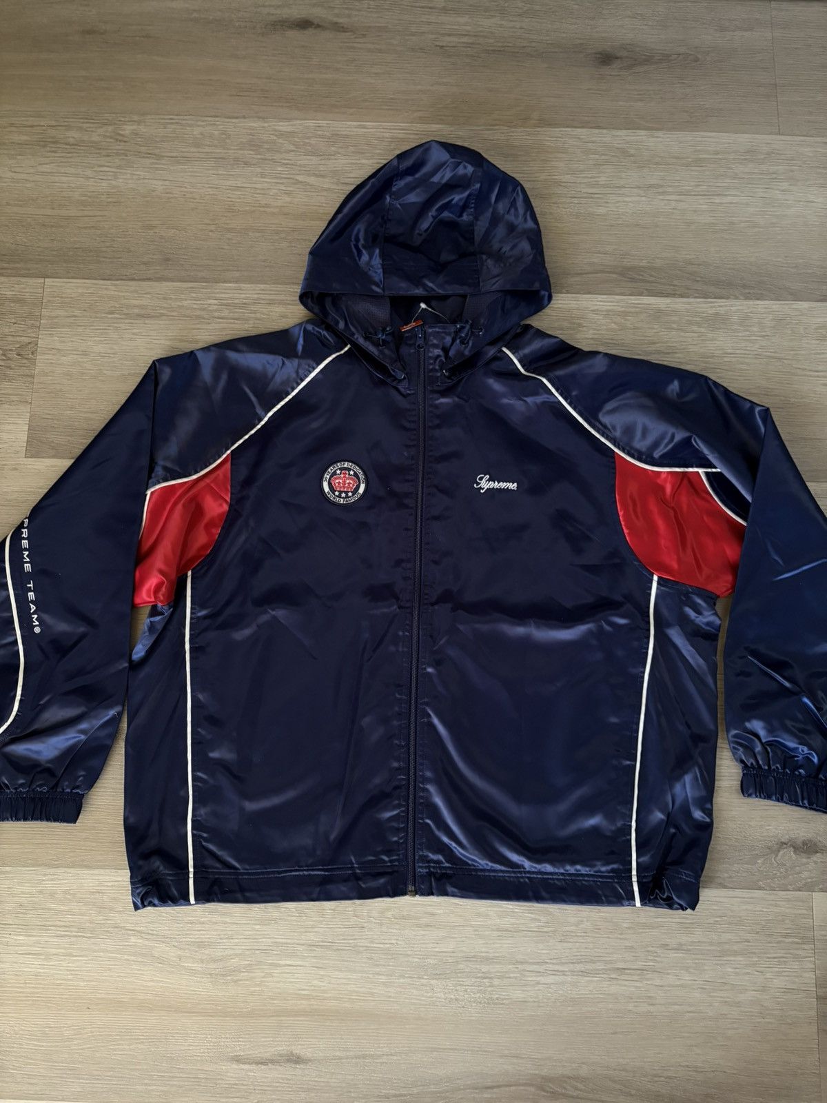 Supreme NEW Supreme Satin Hooded Track Jacket SS24 Navy Zip | Grailed