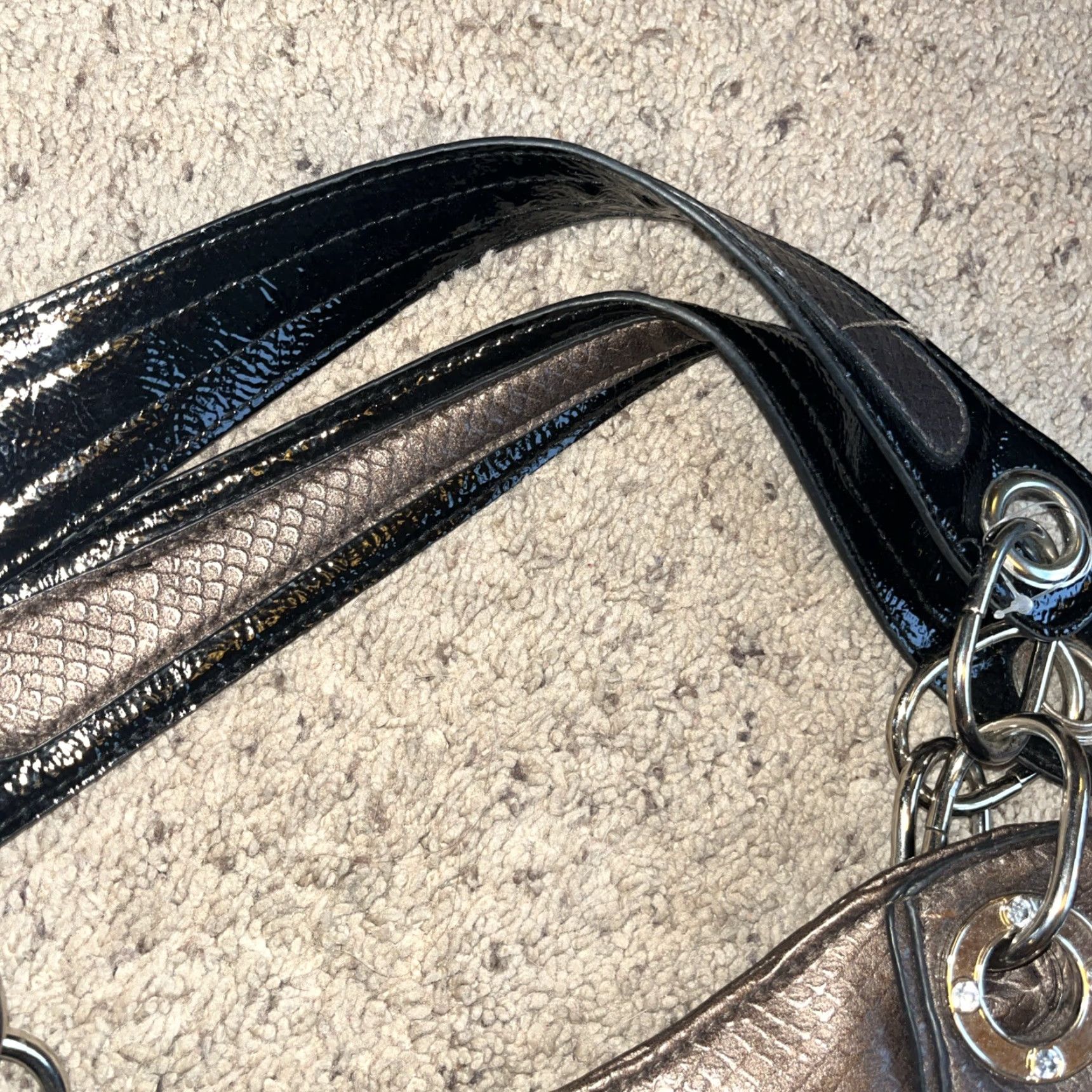 Doublet VINTAGE Kathy Van Zeeland Shoulder Bag Croc Embossed Brown Black Silver Studs Slouchy Boho Double Straps Size ONE SIZE - 7 Thumbnail